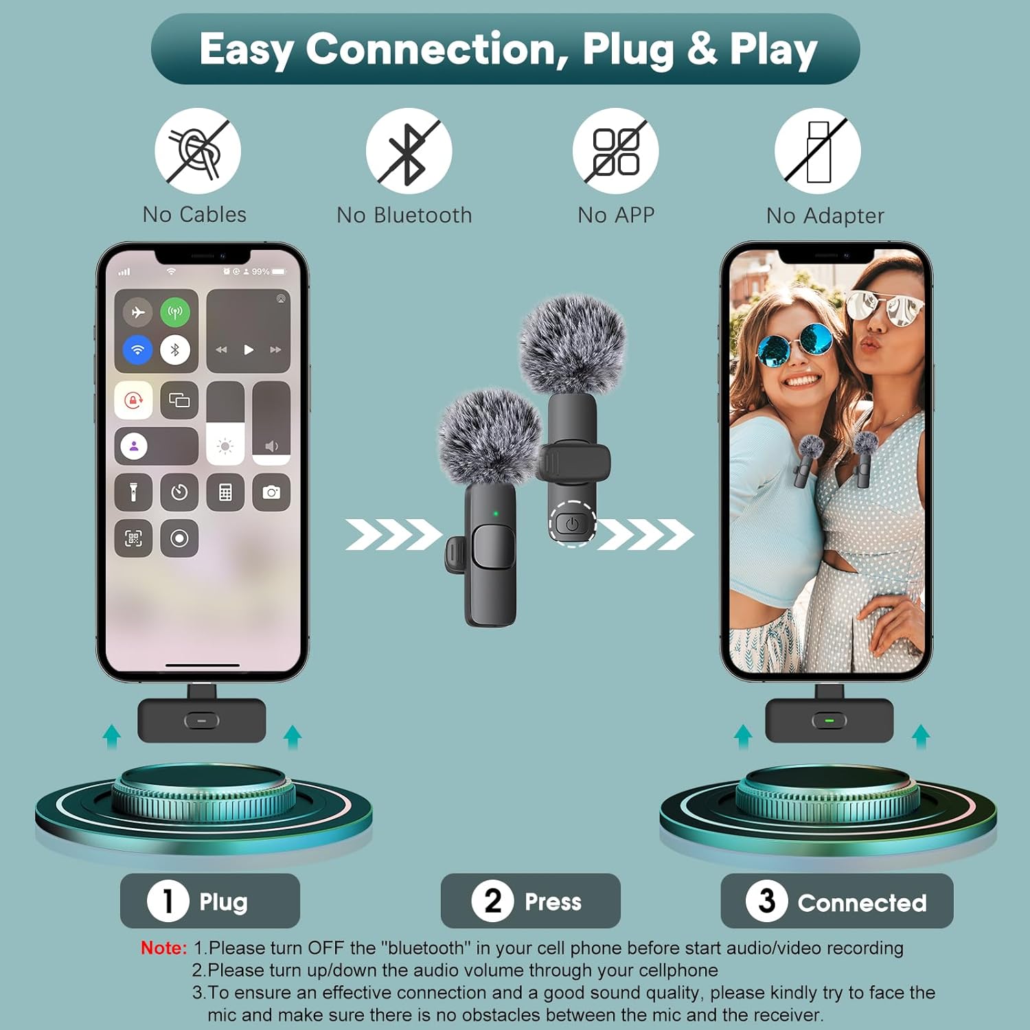 MAYBESTA Wireless Mini Microphone for iPhone, Android Phone - Bluetooth Lavalier Lapel Mic for Audio Video Recording - Clip on Content Creator Microphones for YouTube Tiktok Podcast Vlogging