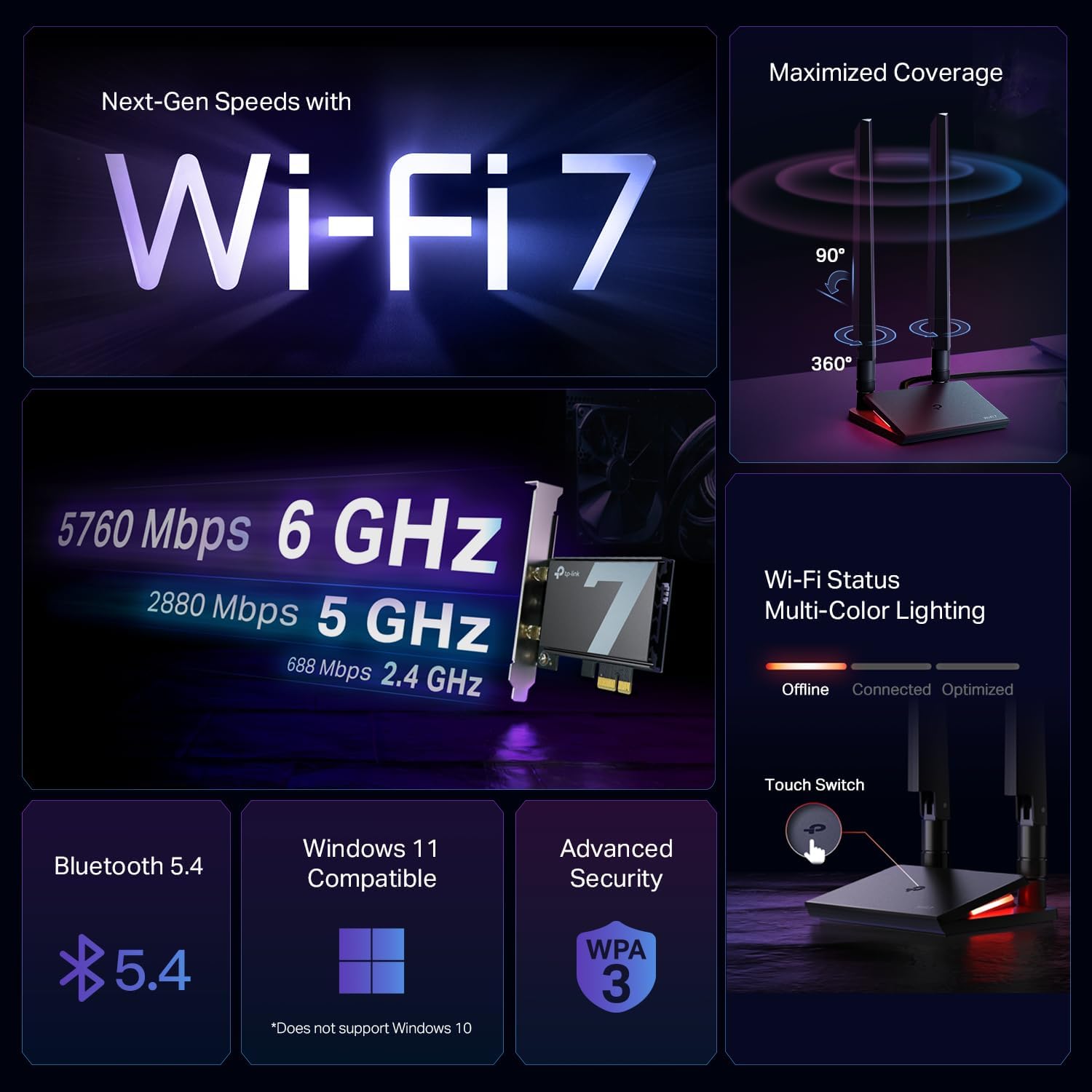 TP-Link WiFi 7 BE9300 PCIe WiFi Card for Desktop PC(Archer TBE550E), Tri-Band Wireless Adapter, Bluetooth 5.4, Multicolor Status LED, Supports AMD/Intel Motherboard, Not Compatible with Windows 10