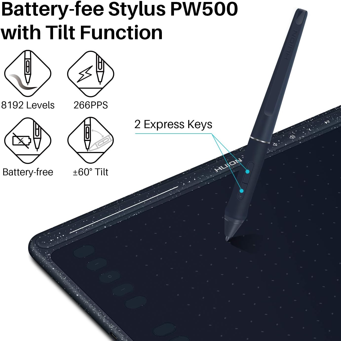 HUION HS611 Graphics Drawing Tablet Android Supported Pen Tablet Tilt Function Battery-Free Stylus 8192 Pen Pressure with 8 Multimedia Keys 10 Express Keys and Touch Strip(Starry Blue)
