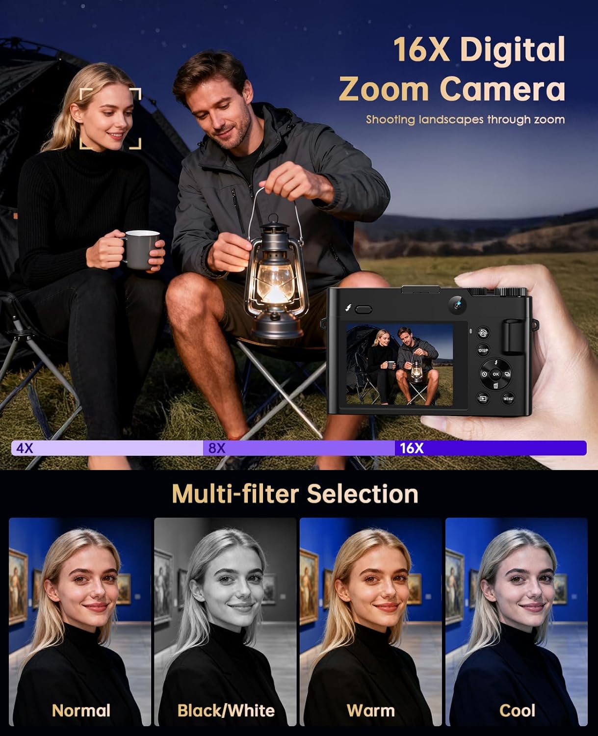 4K Digital Camera for Photography - 64MP Autofocus Vlogging Camera for YouTube with Dual-Lens - 16X Digital Zoom Anti Shake 3'' Selfie Compact Travel Camera with Flash, 2 Batteries, Charging Stand