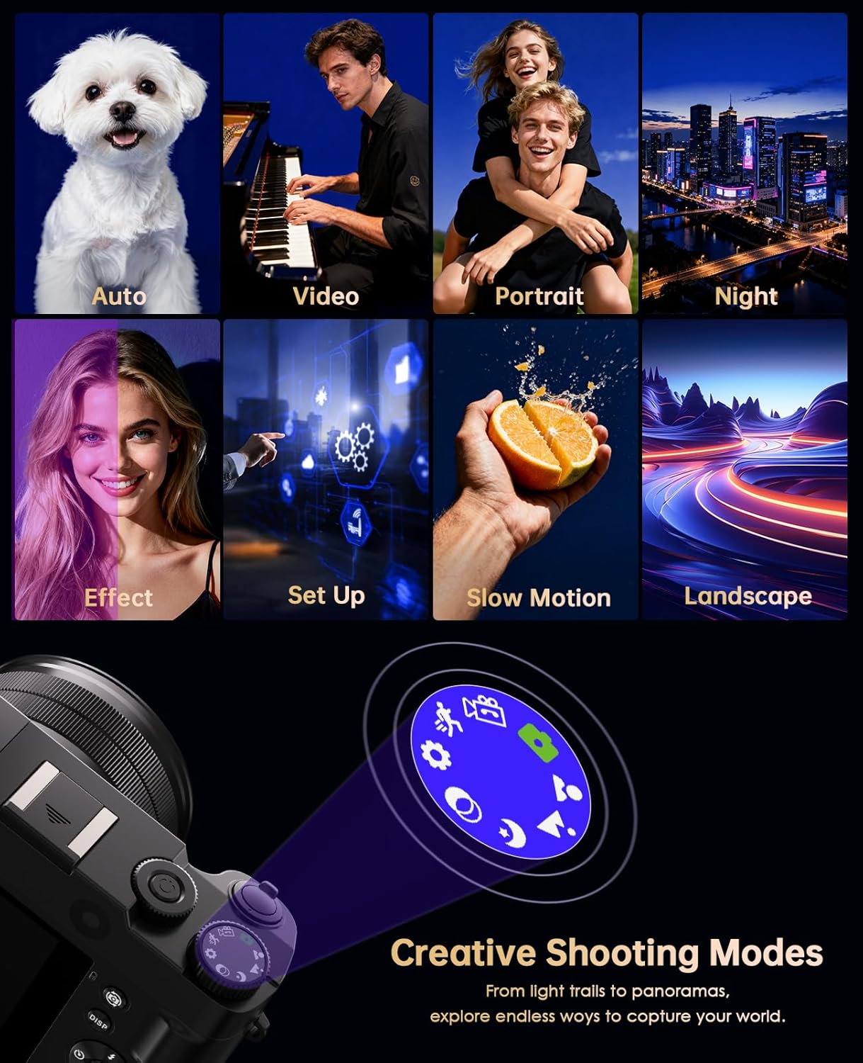 4K Digital Camera for Photography - 64MP Autofocus Vlogging Camera for YouTube with Dual-Lens - 16X Digital Zoom Anti Shake 3'' Selfie Compact Travel Camera with Flash, 2 Batteries, Charging Stand