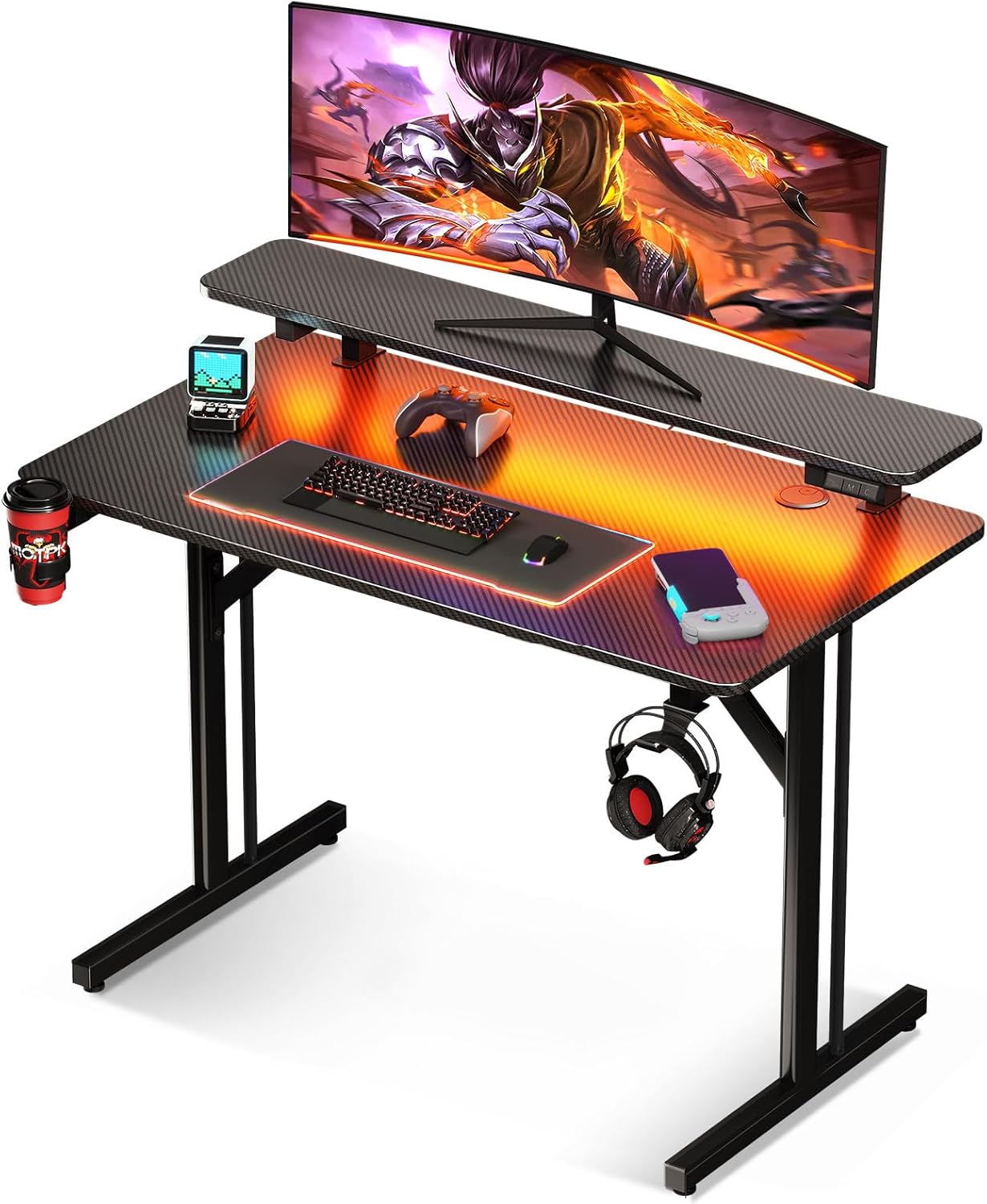 MOTPK 32 Inch Small Gaming Desk with LED Lights, Computer Desk Gaming Table with Monitor Shelf, Gamer Desk with Carbon Fiber Texture, Kids Boys Desk Gift for Men