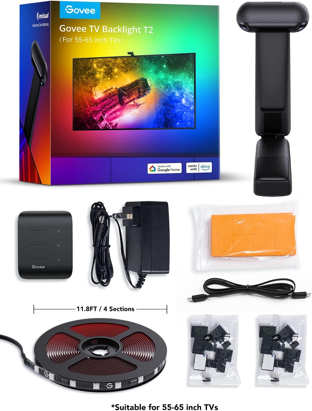 Govee Envisual TV LED Backlight T2 with Dual Cameras, 11.8ft RGBIC Wi-Fi LED Strip Lights for 55-65 inch TVs, Double Strip Light Beads, for Home Decorations, Smart App Control, Music Sync