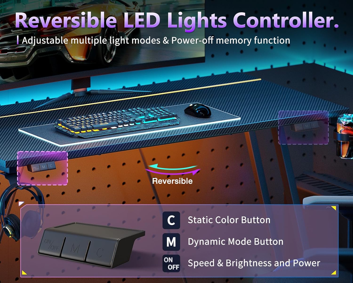 MOTPK 32 Inch Small Gaming Desk with LED Light, Computer Desk for Small Space, Gaming Table with Carbon Fiber Texture, Kids PC Desk Gift for Boys Men, Black