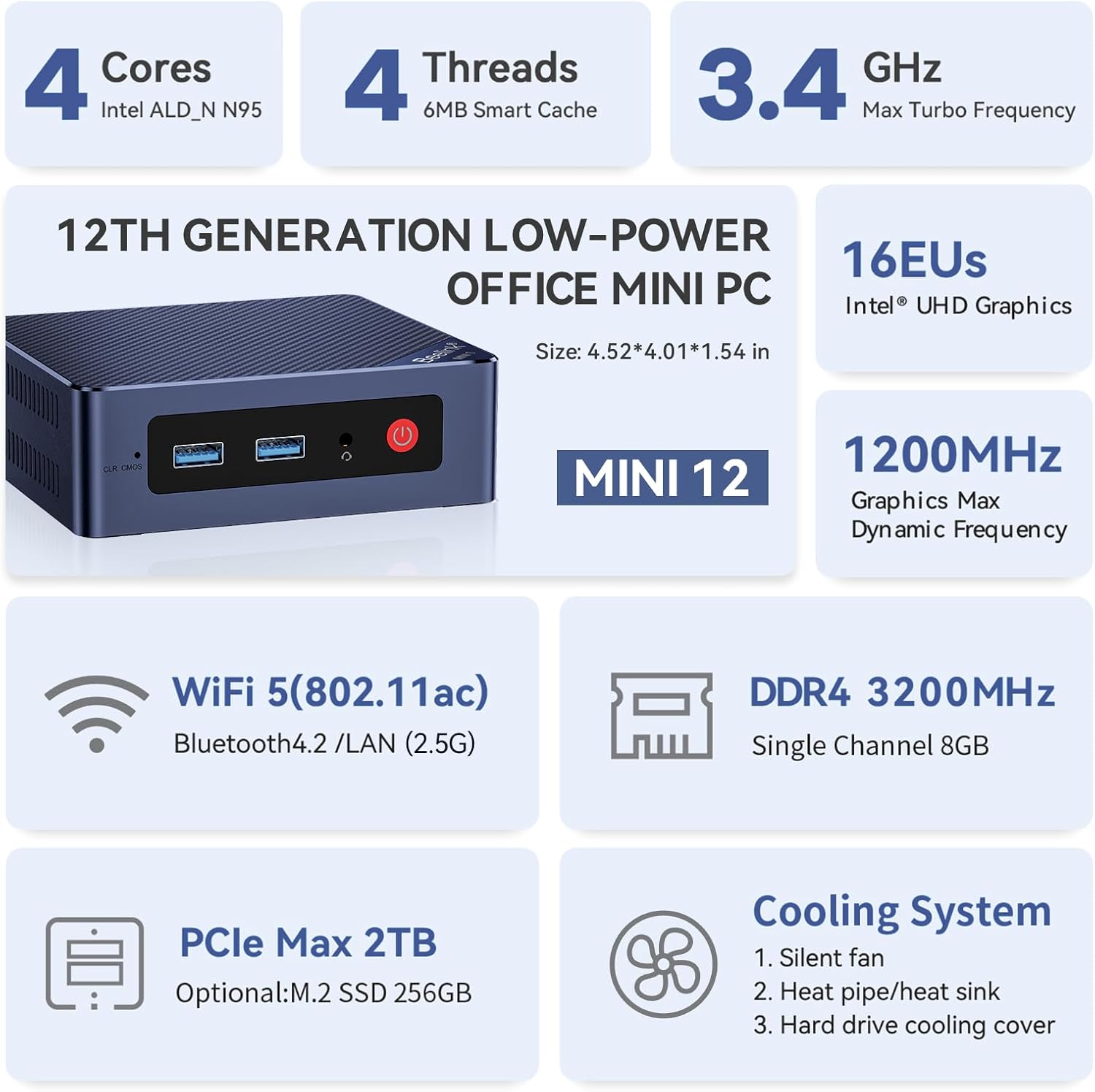 Beelink EQ Mini PC,Mini S12 N95 Intel Alder Lake-N95 (up to 3.4GHz),16GB DDR4 500GB M.2 SSD Mini Desktop Computer, Support 4K@60Hz Dual HDMI Display, 2.5G LAN/USB3.2/Low-Power Home/Office Micro PC