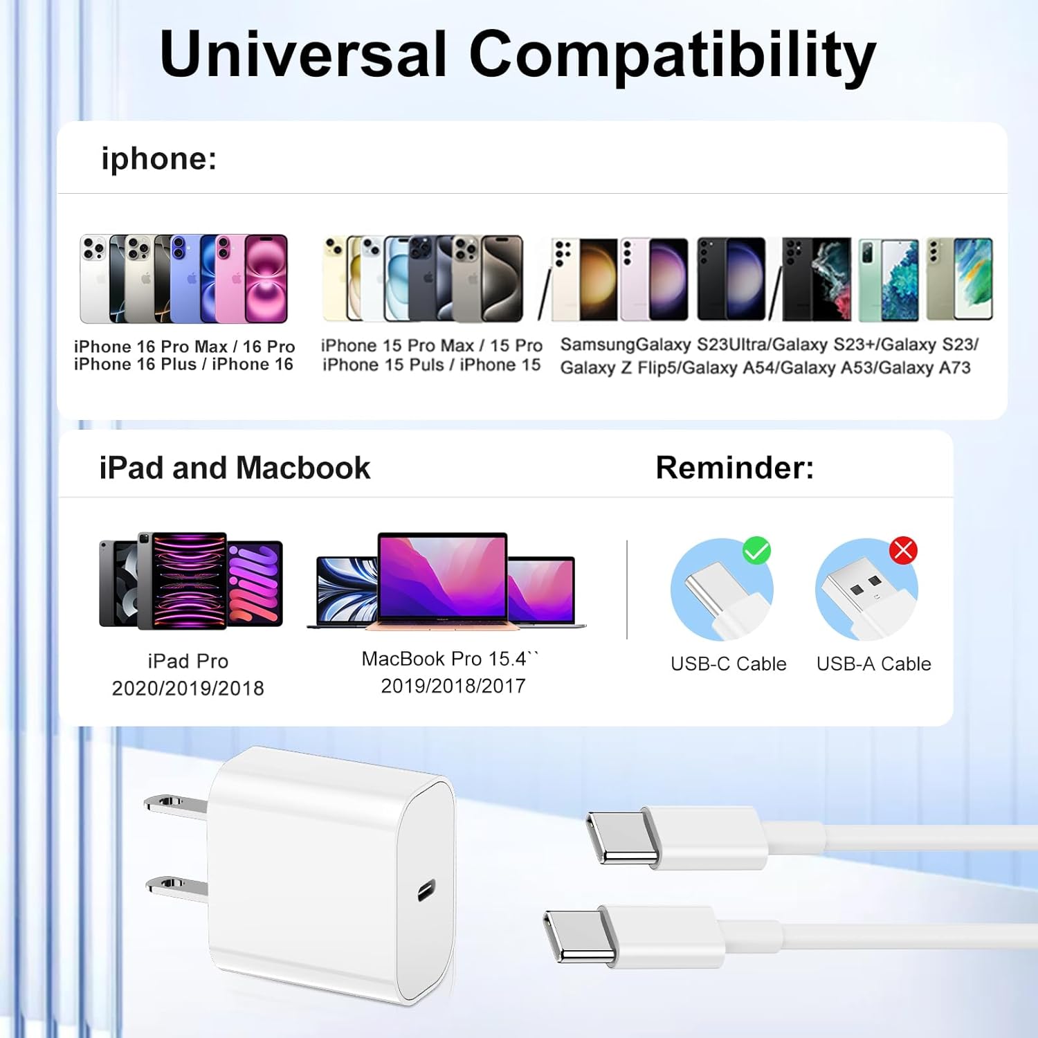 2-Pack 20w USB C Charger for iPhone 17 Air/16/15/Pro Max with Long 10ft USB C to C Cable,iPhone Charger Fast Wall Charger Block Compatible with iPad Pro AirPods and More