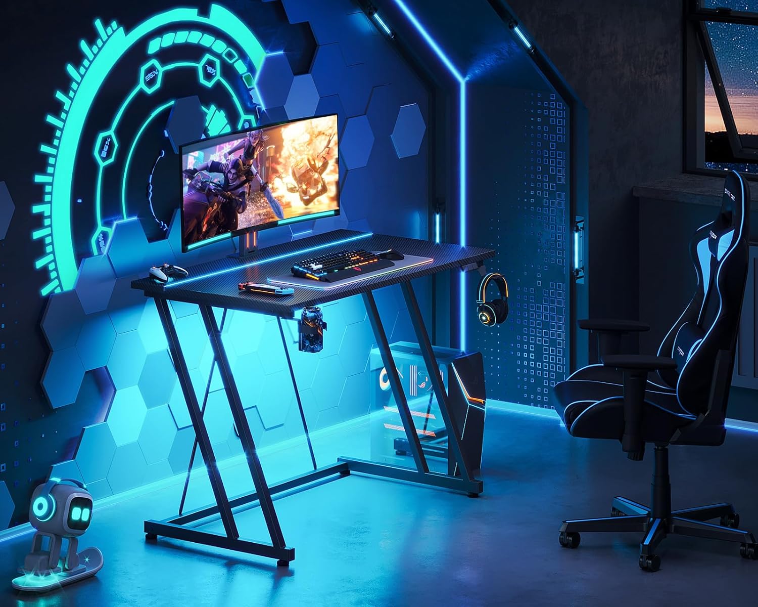 MOTPK 32 Inch Small Gaming Desk with LED Light, Computer Desk for Small Space, Gaming Table with Carbon Fiber Texture, Kids PC Desk Gift for Boys Men, Black