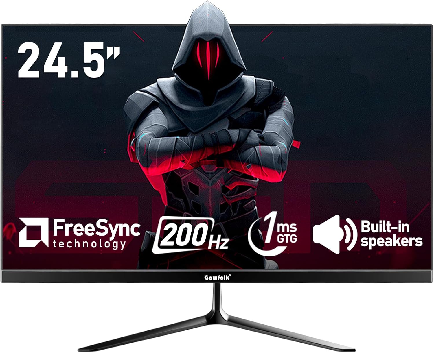 Gawfolk 24.5 Inch PC 200Hz Gaming Monitor, FHD 1080p screen, Built-in speakers,1ms without Bezel, freesync, 99% sRGB, 178 ° Angle View, HDMI、DisplayPort, Compatible with wall mounting 75*75MM - Black