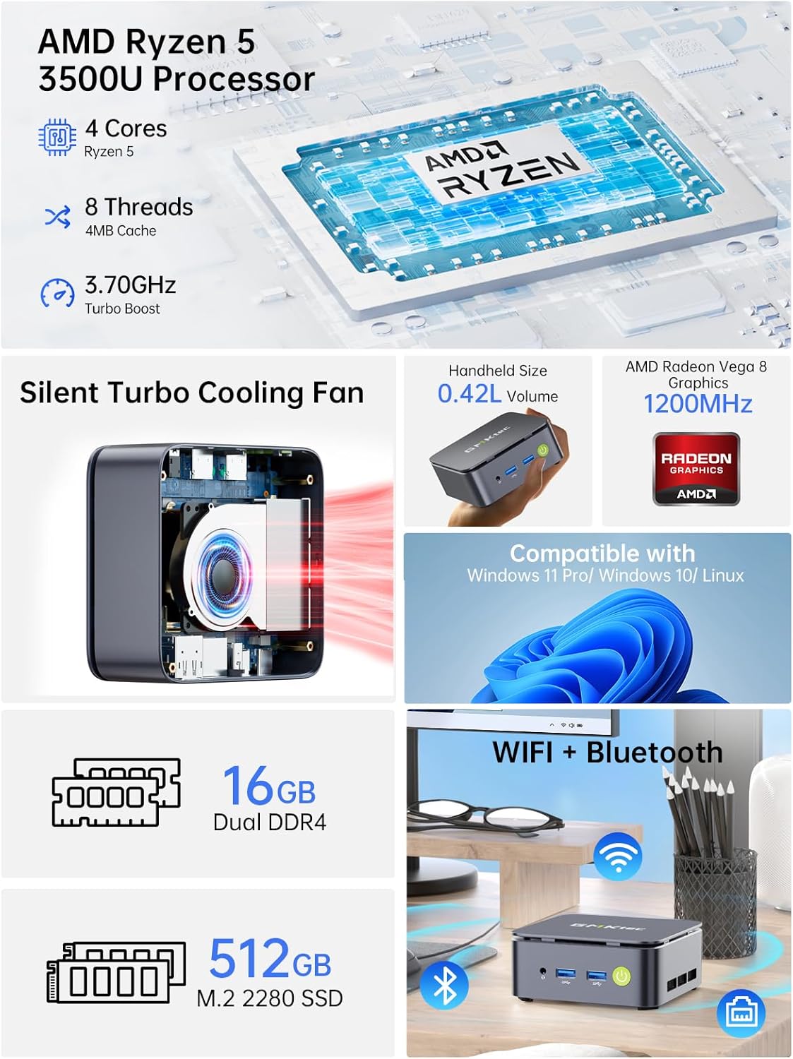 GMKtec G10 Mini PC Ryzen 5 3500U (Beats N150/N97), 16GB RAM 512GB SSD, 2.5GbE LAN for Desktop Office Home Business HTPC Proxmox, Triple 4K Display, WiFi, BT, USB-C, DP, HDMI 2.1 (Black)