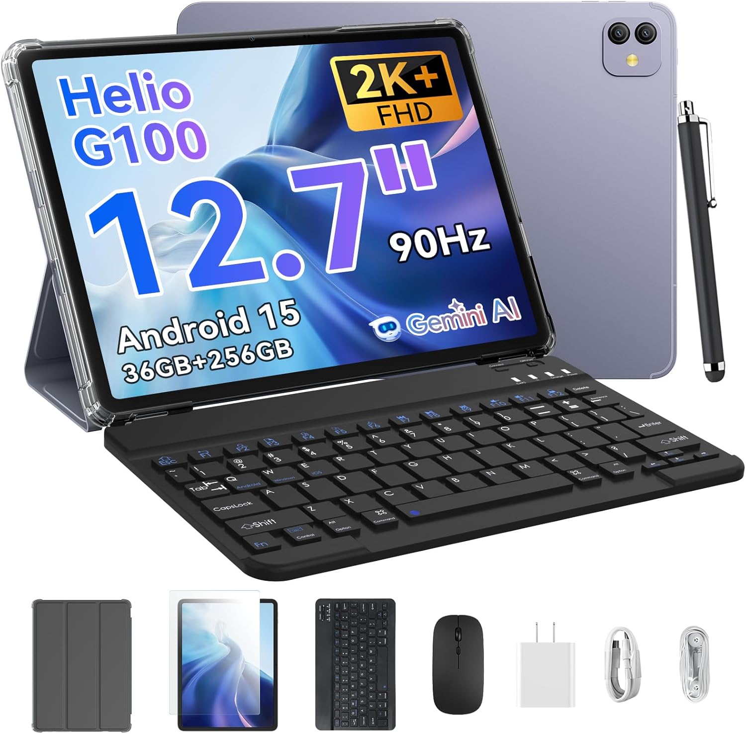 Blackview 13 inch Android 15 Tablet with Keyboard, 12.7 inch Large Screen Gaming Tablet with Pen, Helio G100,36GB+256GB, 90 Hz, 2K+, 3 AI Cameras, Widevine L1, 5G WiFi, GPS- Link 8