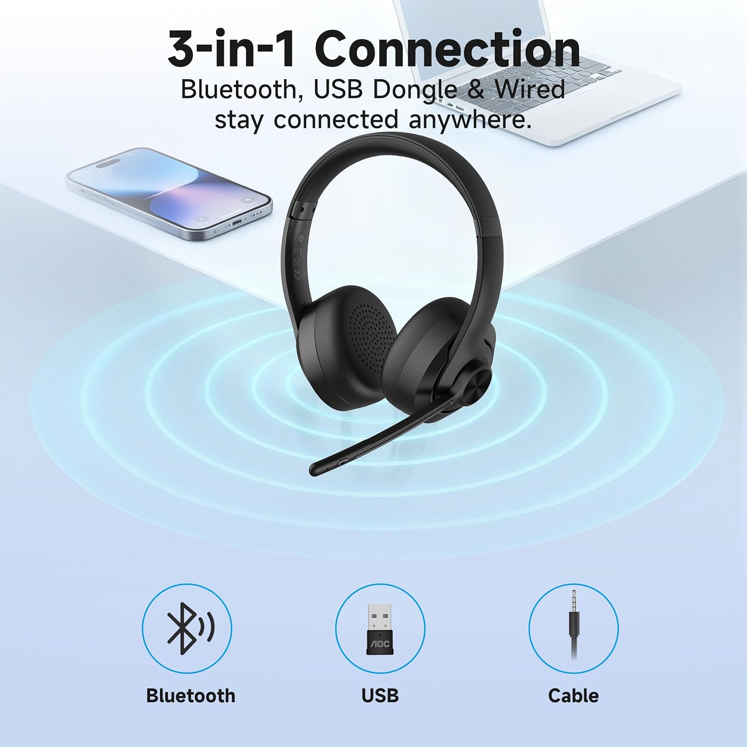 AOC Wireless Headset with Mic for Work, Bluetooth 5.4 Headphones with Noise Canceling Microphone, USB C, 30H, Clear Calls & Mic Mute for PC, Laptop, Cell Phones, Zoom - Black
