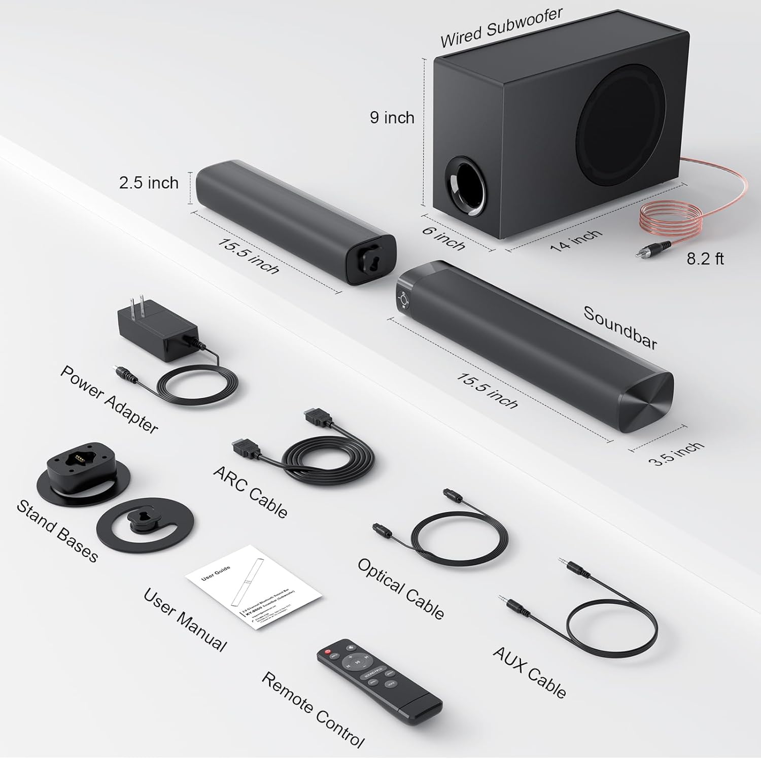 Sound Bar with Subwoofer, 110W Sound Bar for Smart TV, with Deep Bass & Volume Boost & 3 Equalizer Modes, Bluetooth/ARC/Opt/AUX Connect, Detachable Soundbar for TV/PC/Gaming/Projectors