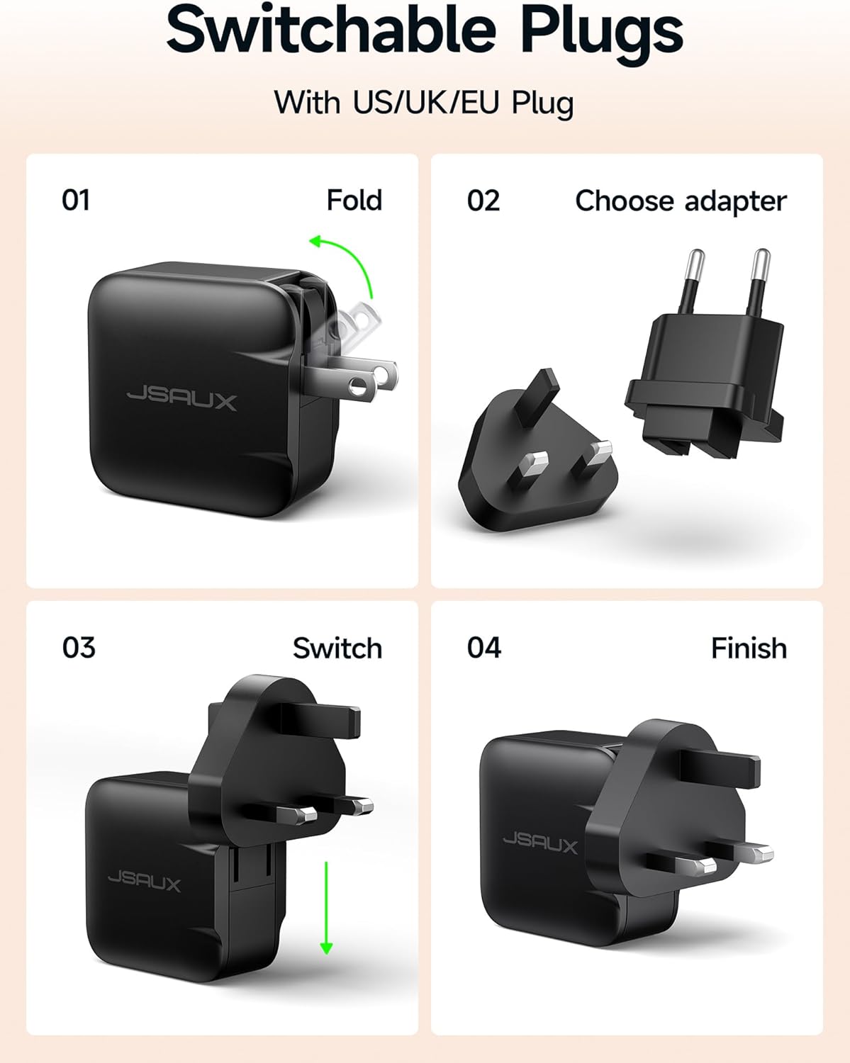JSAUX 65W USB C Charger for Nintendo Switch 2, Powers in TV Mode, with EU/UK Plug & 6.6FT Cable, GaN PD Fast Charge for ROG Xbox Ally, Steam Deck, ROG Ally, iPhone 17, Galaxy, Tablet & Laptop – Black