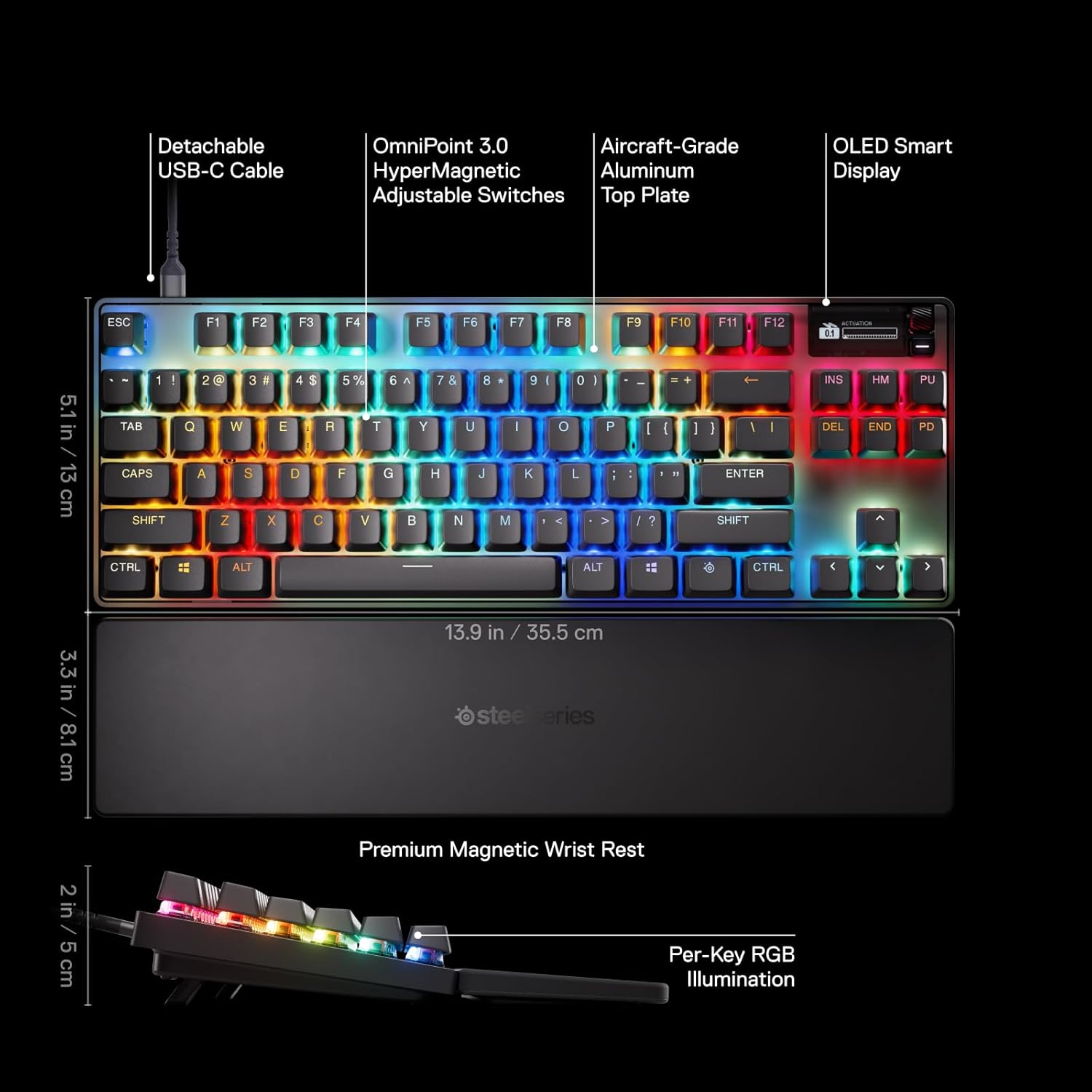 SteelSeries Apex Pro TKL Gen 3 OmniPoint 3.0 HyperMagnetic Switches — Adjustable Actuation — Rapid Trigger — Game-Ready Presets — Protection Mode — Rapid Tap/SOCD — OLED — RGB — PBT Keycaps — USB-C