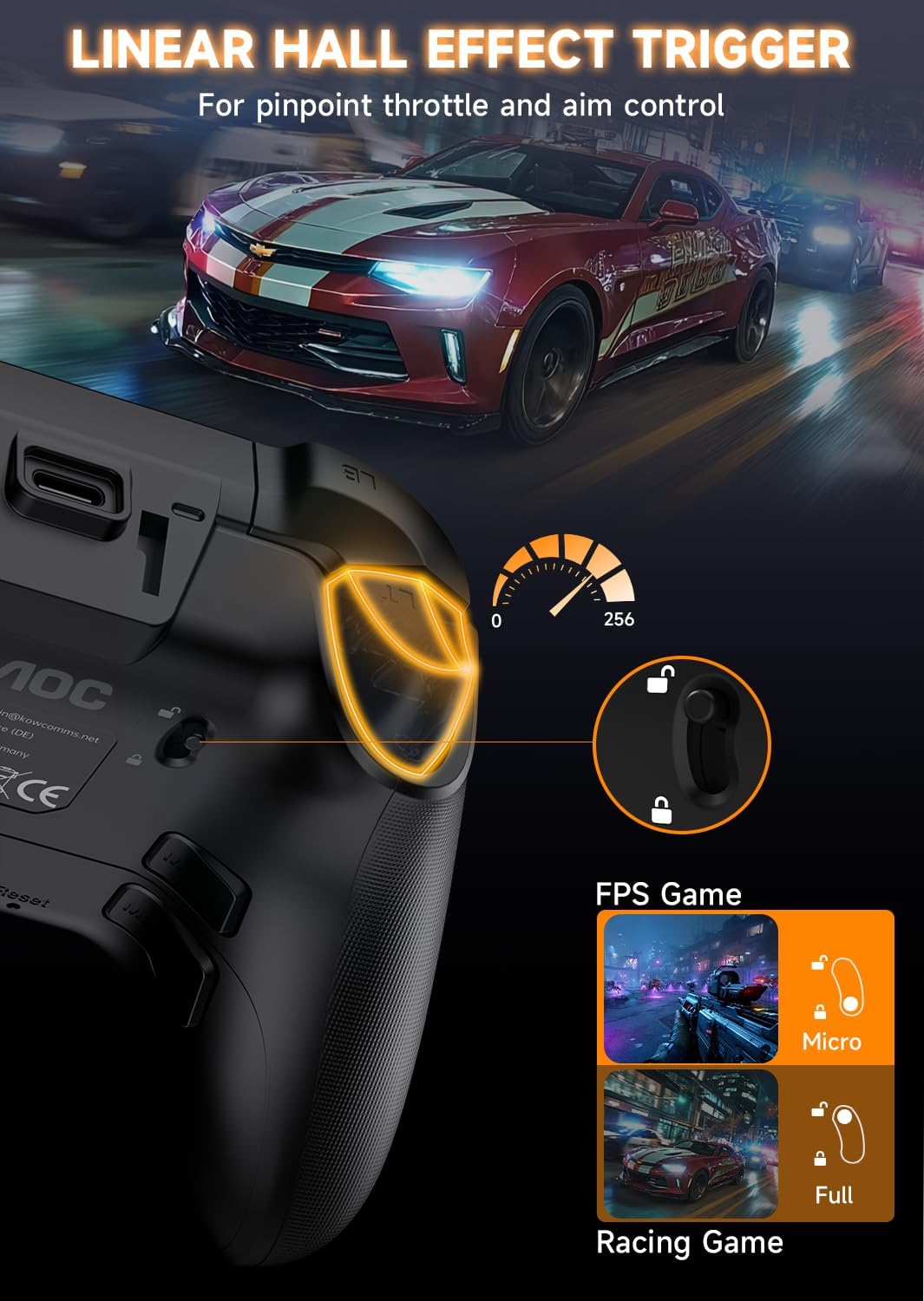 AOC PC Controller — Interactive Screen Wireless Controller Compatible with PC/Switch/Switch 2/iOS/Android, Hall Effect Joystick & Triggers, RGB Lighting, Adjustable Vibration/Turbo, 1000mAh Battery(Black)