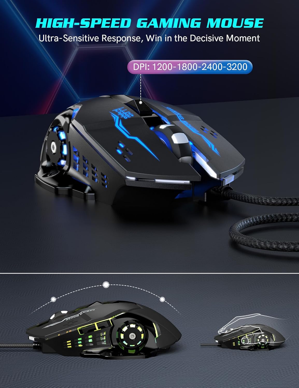 Gaming Keyboard and Mouse Combo - RGB Backlit 14 Lighting Effects, USB Wired Computer Keyboard, 26-Key Anti-Ghosting, Volume Wheel, Quiet Typing, Adjustable DPI Mouse for Gaming & Work, Trueque