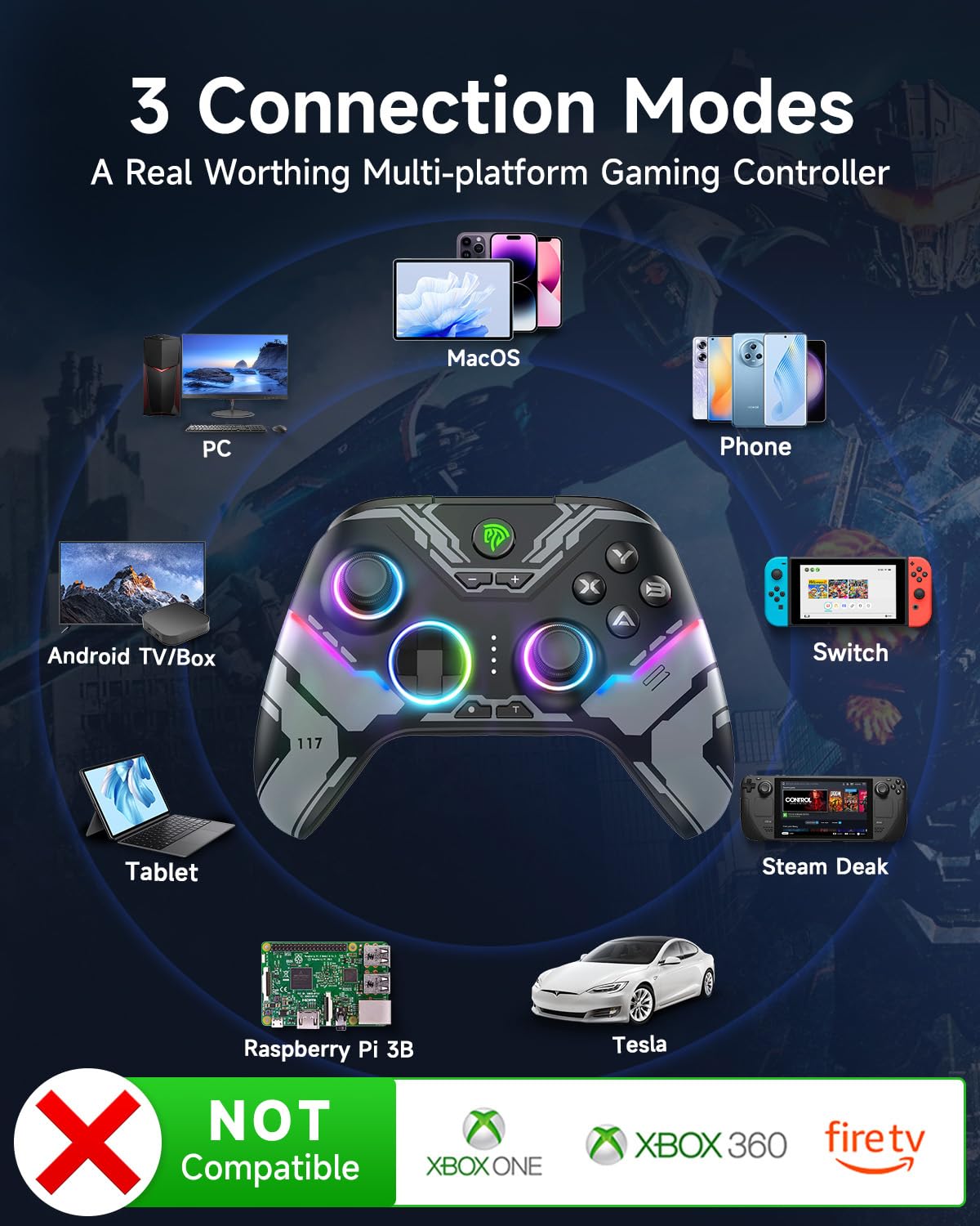 EasySMX X15 PC Controller - Enhanced Wireless Bluetooth Controller with Hall Joysticks/Hall Triggers/RGB Lighting - No Stick Drift, No Dead Zone - Work for Windows PC, Android, Steam and Switch