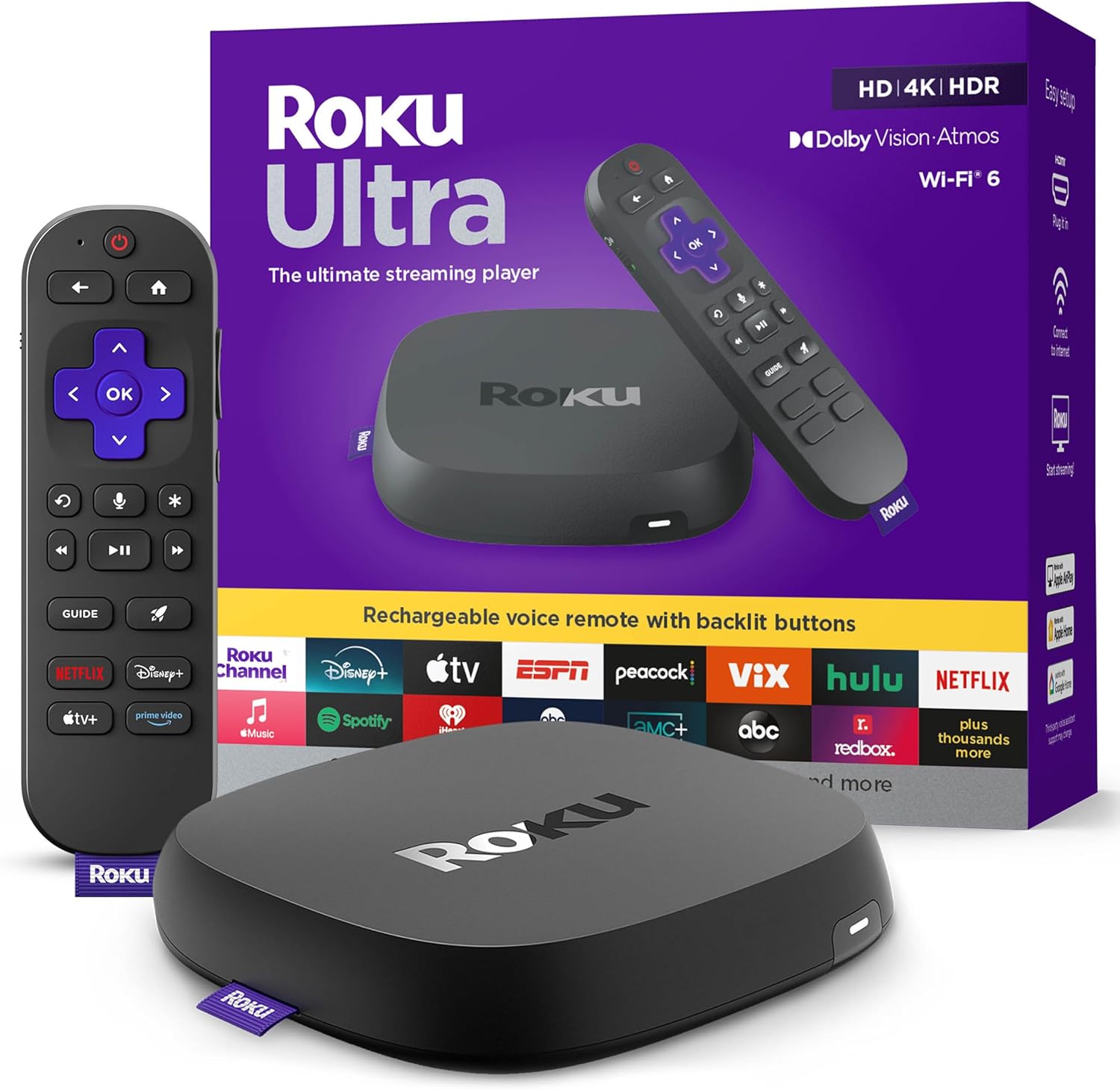 Roku Ultra - Ultimate Streaming Player - 4K Streaming Device for TV with HDR10+, Dolby Vision & Atmos - Bluetooth & Wi-Fi 6- Rechargeable Voice Remote Pro with Backlit Buttons - Free & Live TV