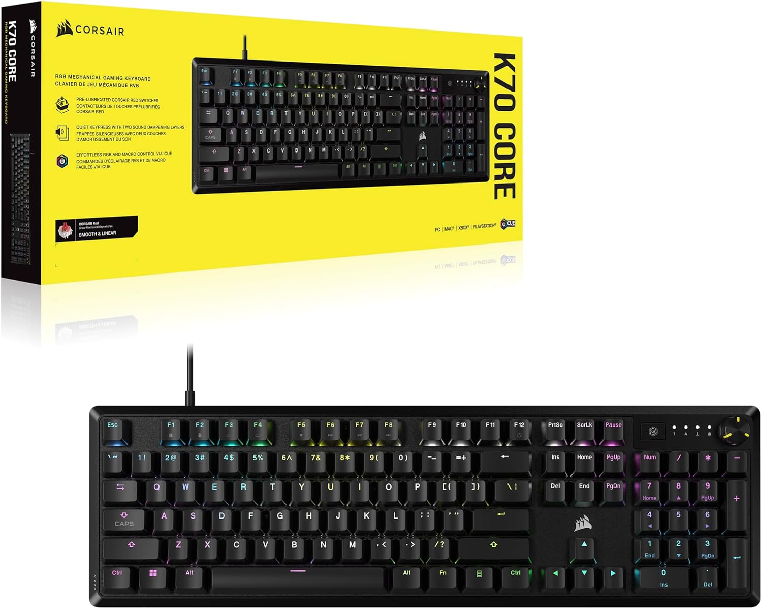 Corsair K70 CORE RGB Mechanical Wired Gaming Keyboard – Pre-Lubed MLX Red Linear Switches, SOCD, ABS Double-Shot Keycaps, Sound Dampening, Media Control Dial, 1000Hz Polling, QWERTY NA – Black