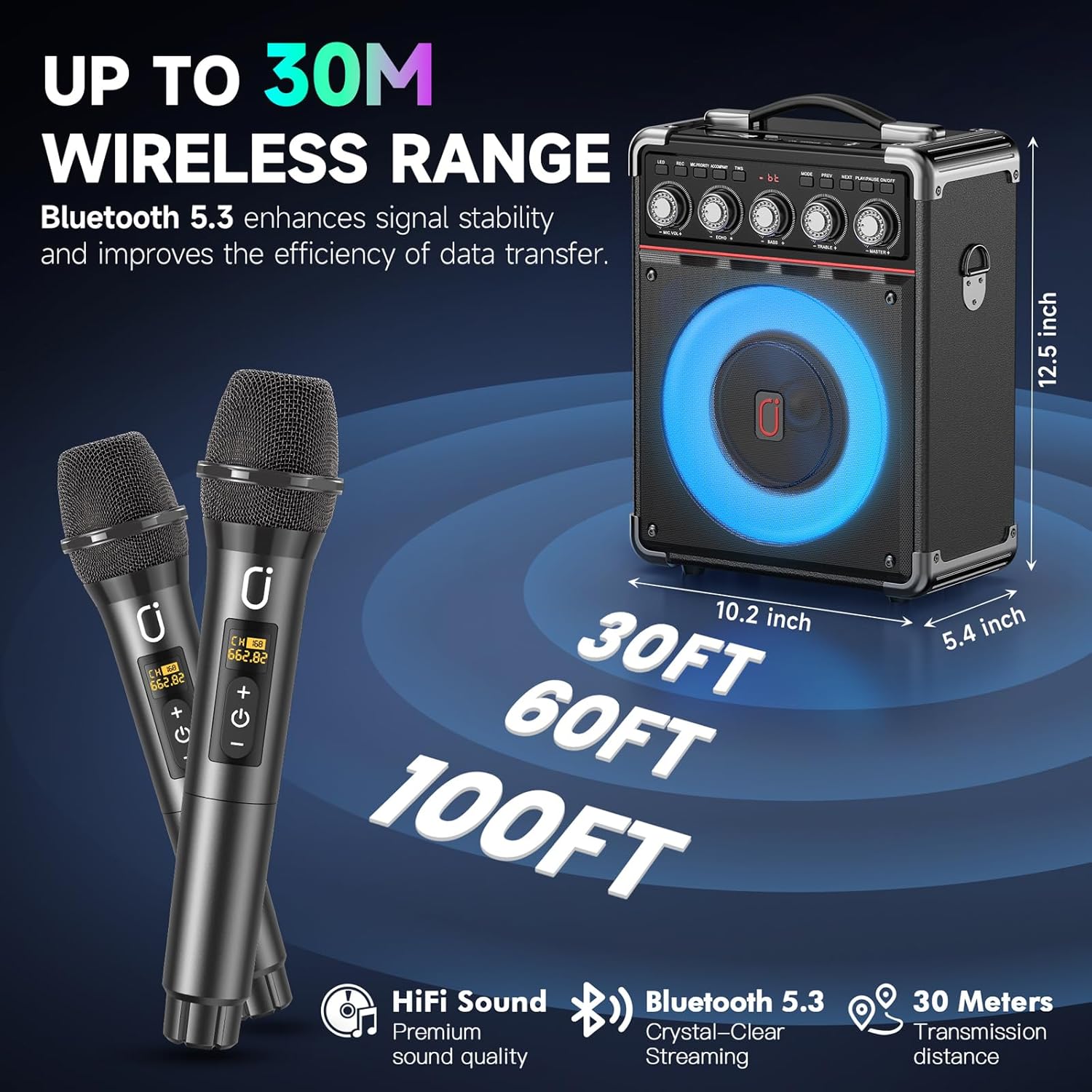 Karaoke Machine for Adults with 2 Wireless Microphones, Portable Bluetooth 5.3 Speaker with Bass/Treble/Echo Adjustment, PA System with Remote Control, Supports TWS/TV/TF Card/USB/AUX