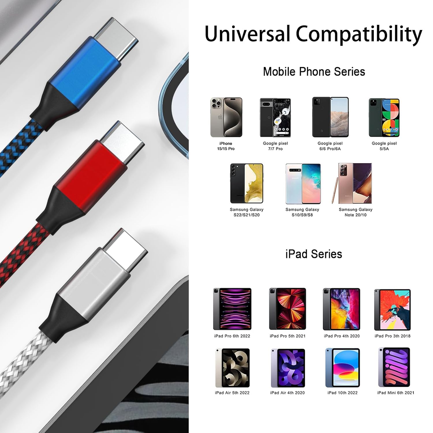 USB C to USB C Cable Nylon Braided 60W 3/3/6/6/10 FT USB Type C Fast Charging Cable for iPhone 17/17 Pro Max/Air/16/16 Plus/16 Pro Max/15/15 Plus/15 Pro Max, MacBook, iPad, Samsung S25/S24/23