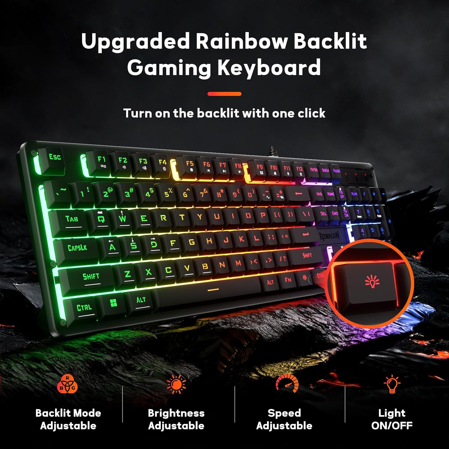 Redragon K521 Upgrade Rainbow LED Gaming Keyboard, 104 Keys Wired Mechanical Feeling Keyboard with Multimedia Keys, One-Touch Backlit, Anti-Ghosting, Compatible with PC, Mac, PS4/5, Xbox