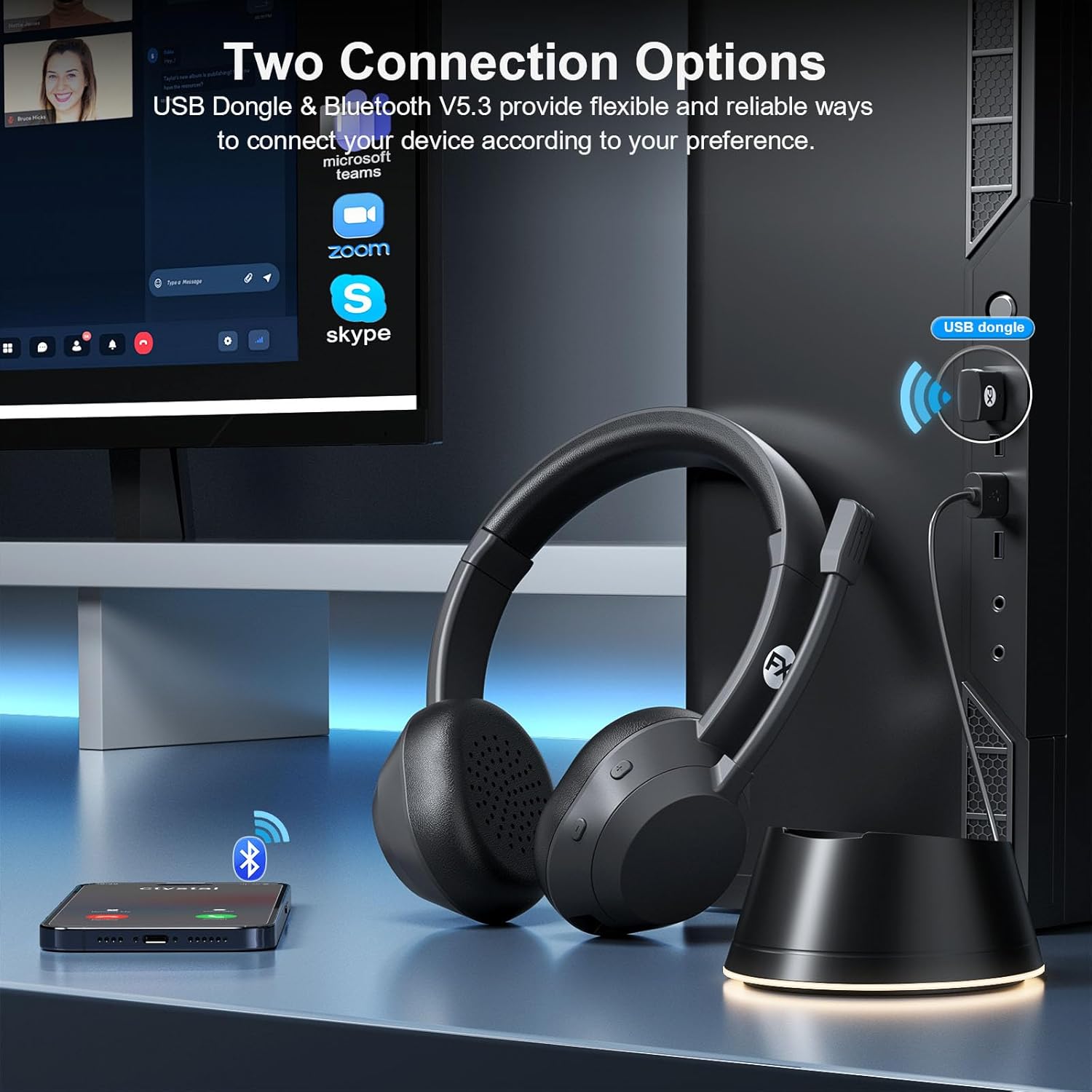 Wireless Headset, Bluetooth Headphones with Mic(AI Noise Cancelling), 65 Hrs Working Time with USB Dongle, Wireless Headset with Mic for Work from Home/Computer/Laptop/PC/Android