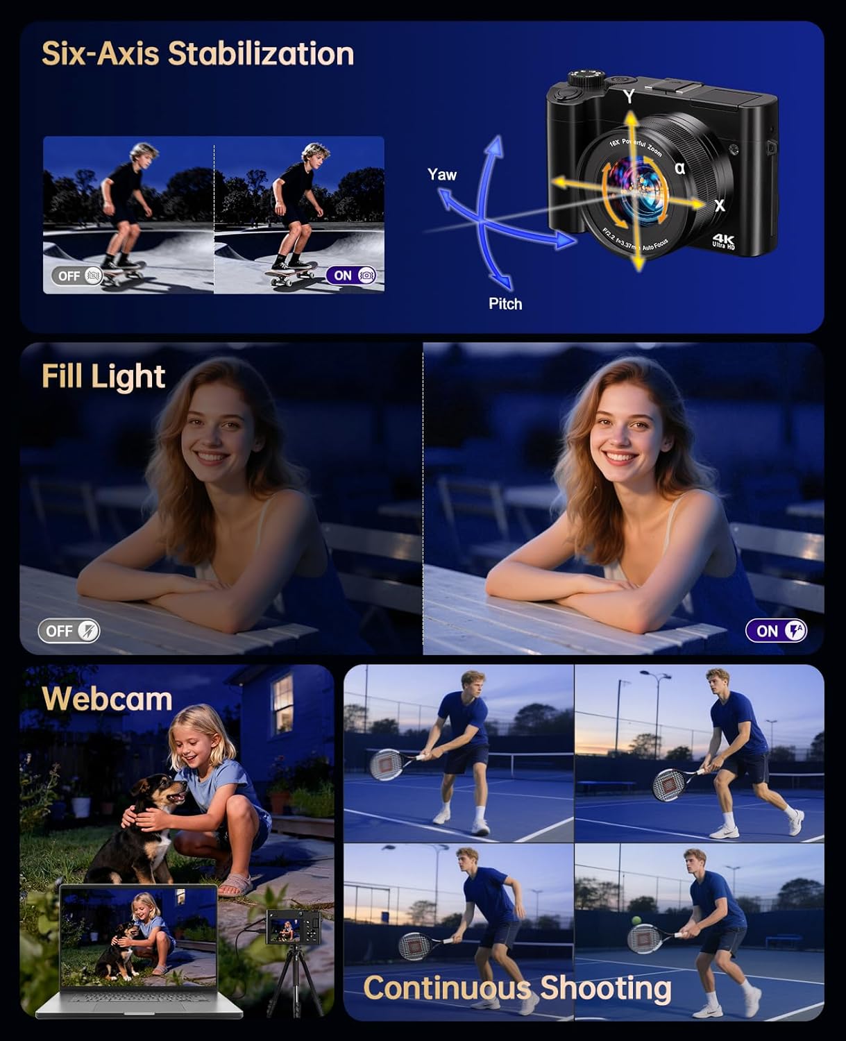 4K Digital Camera for Photography - 64MP Autofocus Vlogging Camera for YouTube with Dual-Lens - 16X Digital Zoom Anti Shake 3'' Selfie Compact Travel Camera with Flash, 2 Batteries, Charging Stand