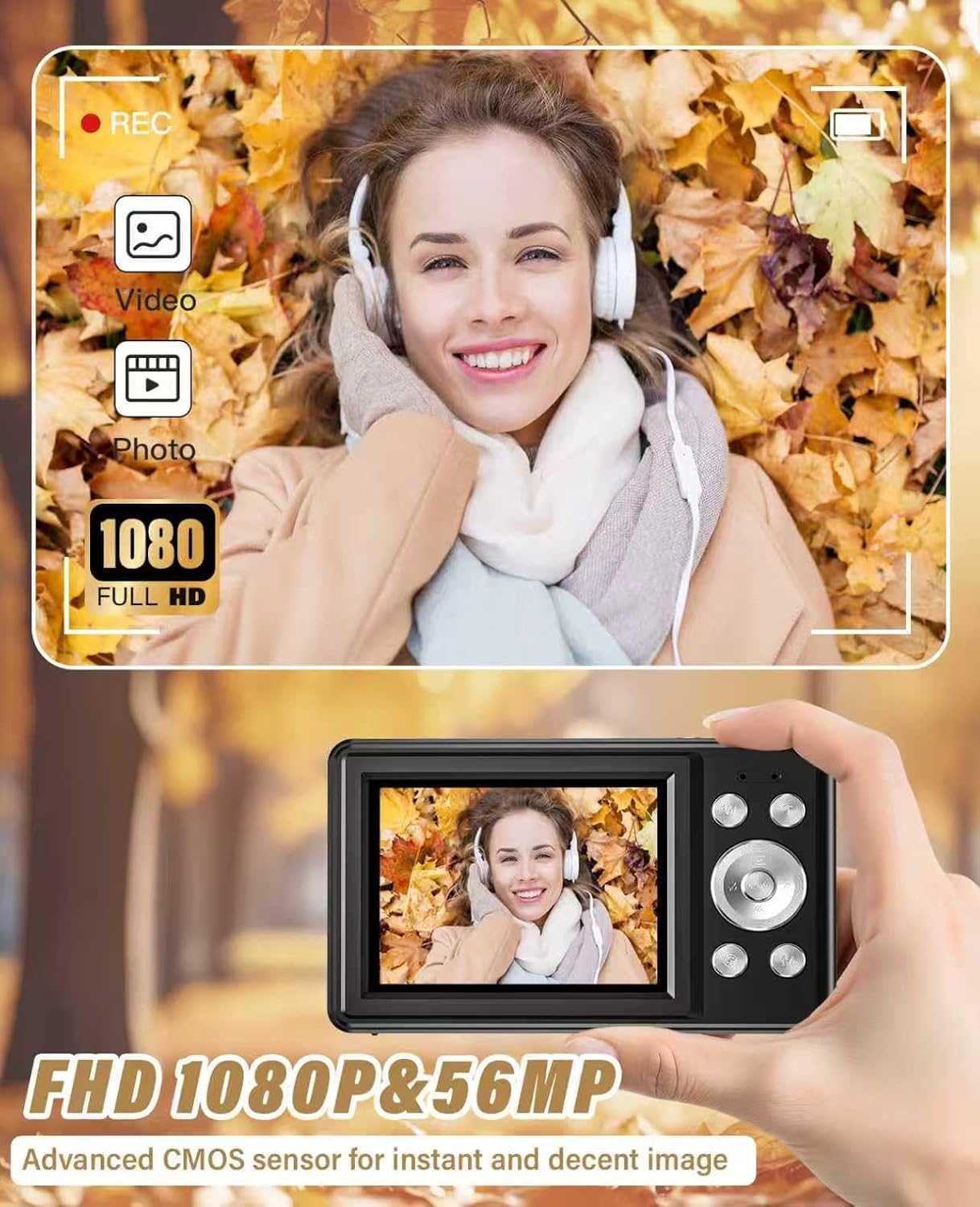 2025 New Digital Camera, 56MP FHD 1080P for Kids with 16x Digital Zoom Anti Shake, Face Detect, Smile Capture, 32GB TF Card, Battery, Lanyard, a Great Gift for Boys & Girls（Black