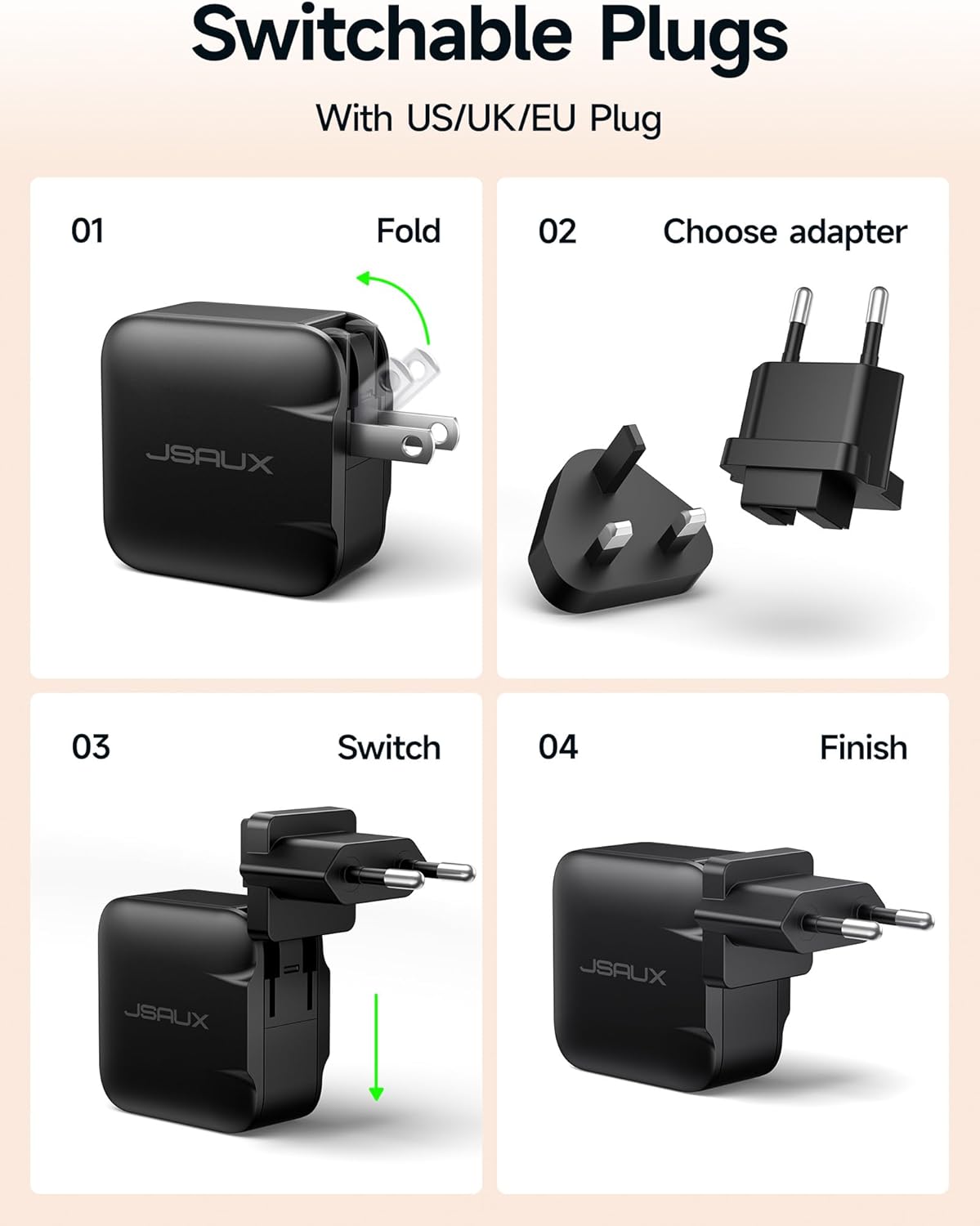 JSAUX 65W USB C Charger for Nintendo Switch 2, Powers in TV Mode, with EU/UK Plug & 6.6FT Cable, GaN PD Fast Charge for ROG Xbox Ally, Steam Deck, ROG Ally, iPhone 17, Galaxy, Tablet & Laptop – Black