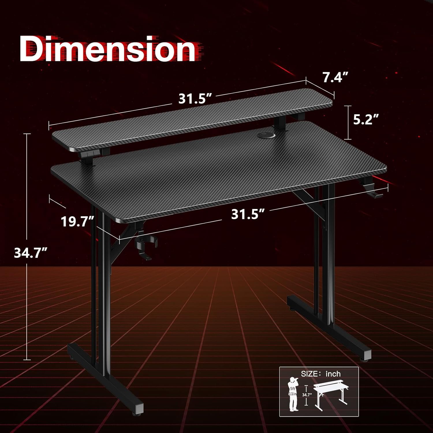 MOTPK 32 Inch Small Gaming Desk with LED Lights, Computer Desk Gaming Table with Monitor Shelf, Gamer Desk with Carbon Fiber Texture, Kids Boys Desk Gift for Men
