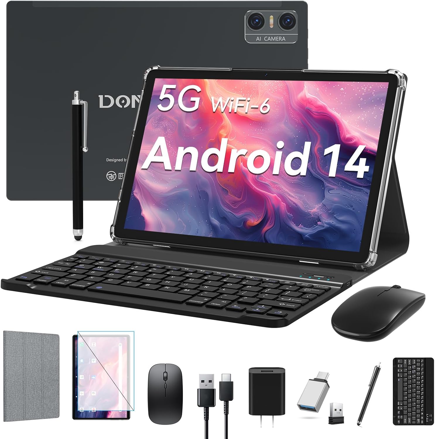 Android Tablet 2025 Latest Tablets, 10 inch Tablet (4+4)GB RAM 64GB ROM 1TB Expand, 2 in 1 Tablets with Keyboard, Case, Stylus, Octa-Core Tableta PC, WiFi 6, Bluetooth, Dual Camera,7000mAh Battery