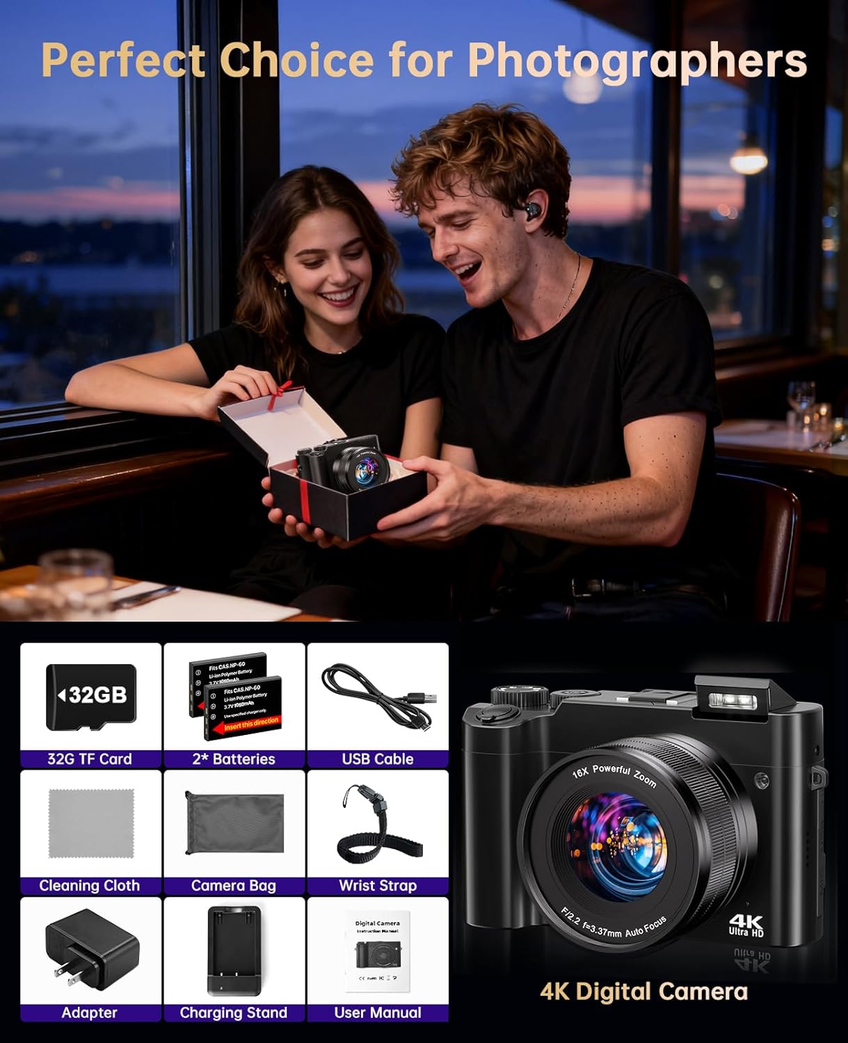 4K Digital Camera for Photography - 64MP Autofocus Vlogging Camera for YouTube with Dual-Lens - 16X Digital Zoom Anti Shake 3'' Selfie Compact Travel Camera with Flash, 2 Batteries, Charging Stand