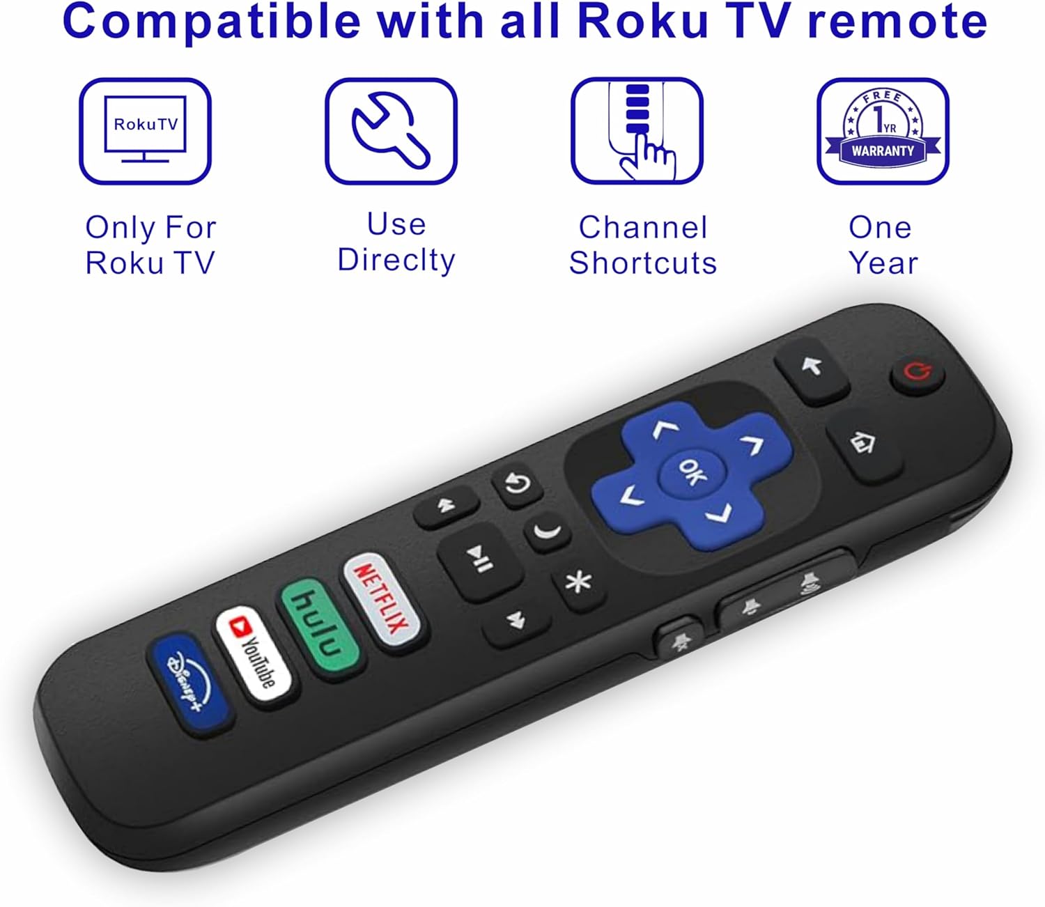 (Pack of 2) Compatible with Roku TV Remote Control Replacement, TCL Roku, Hisense, Sharp, Onn Roko, Element, RCA Roko Smart TV Series (No Voice, Not for Ruku-Stick/Box). 1 Year Warranty.