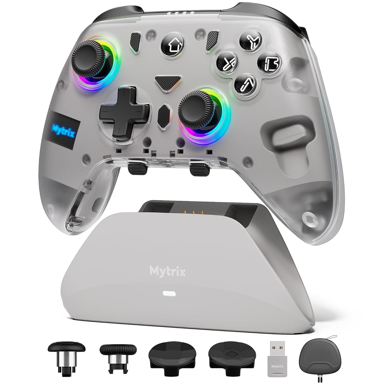 Mytrix PC Controller with Charing Dock, Wireless Bluetooth 2.4G Wired Multi-Platform Controllers Hall Effect Joysticks Hall/Micro 2-in-1 Triggers, 1000Hz Report Rate 4 Macro Keys ABXY MicroSwitch [windows]