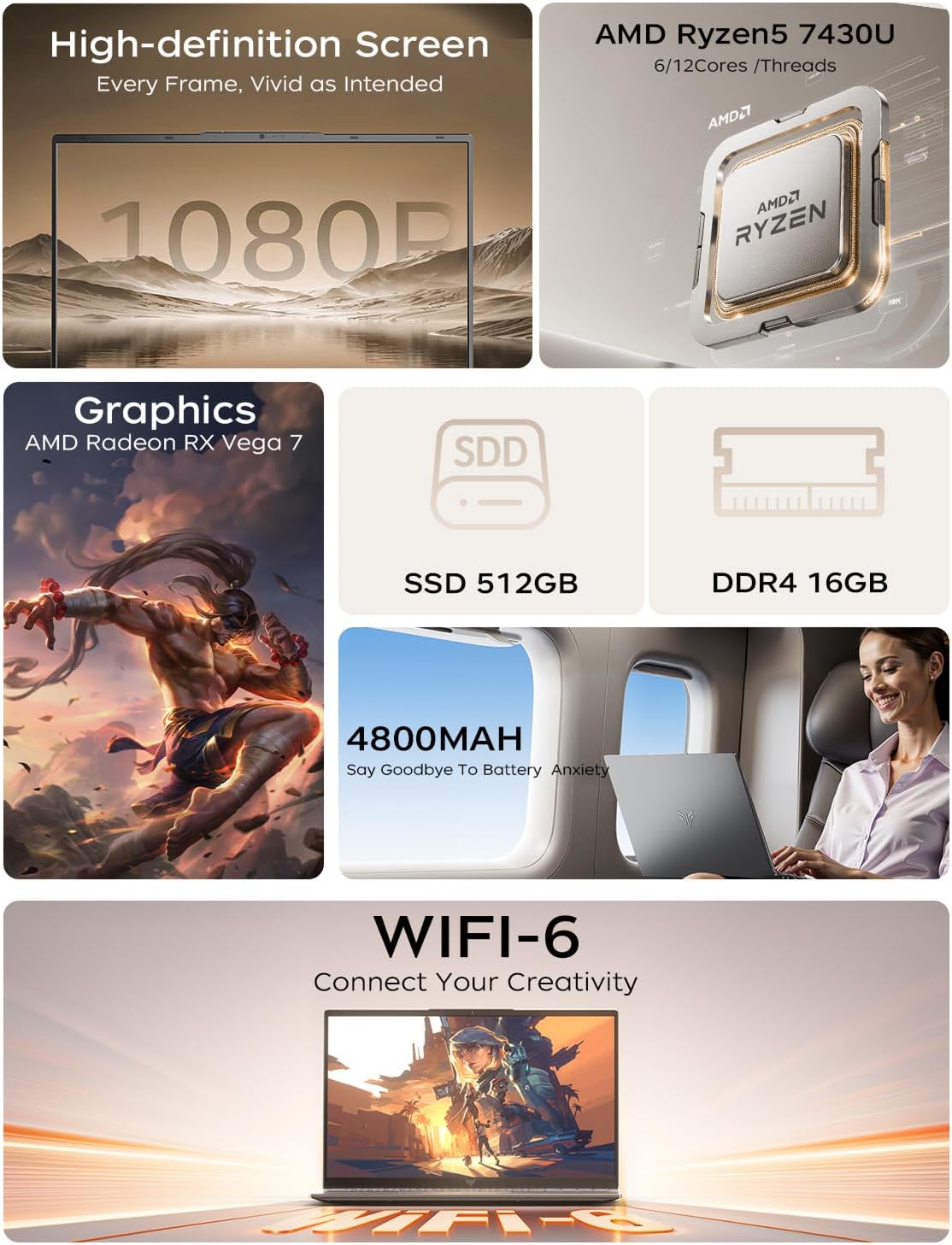 Gaming Laptop with AMD Ryzen 7430U Processor(Up to 4.3GHz),AMD Radeon RX Vega 7,16GB DDR4 512GB NVMe SSD, Wi-Fi 6,Type-C,15.6