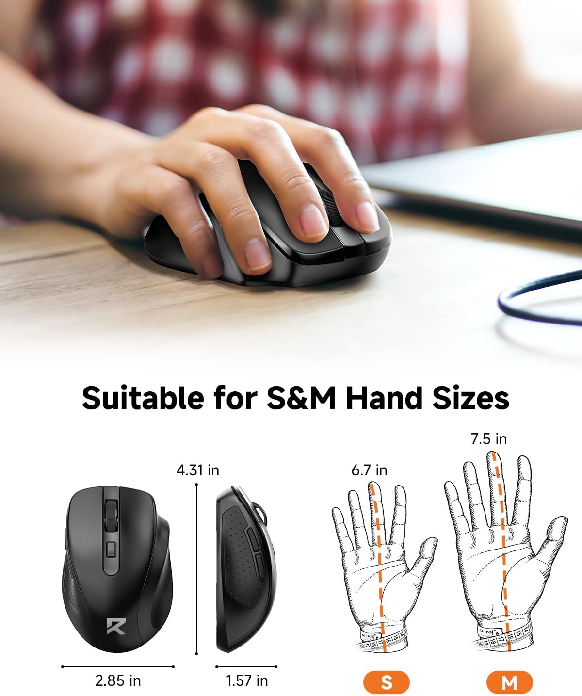 Redragon Wireless Mouse for Laptop, 2.4G Optical Computer Mouse 5-Level 4000DPI, Office Cordless USB Mice, 6 Buttons, 18 Months Battery, Portable for PC, Chromebook, Wins, Mac, Small to Medium Hand