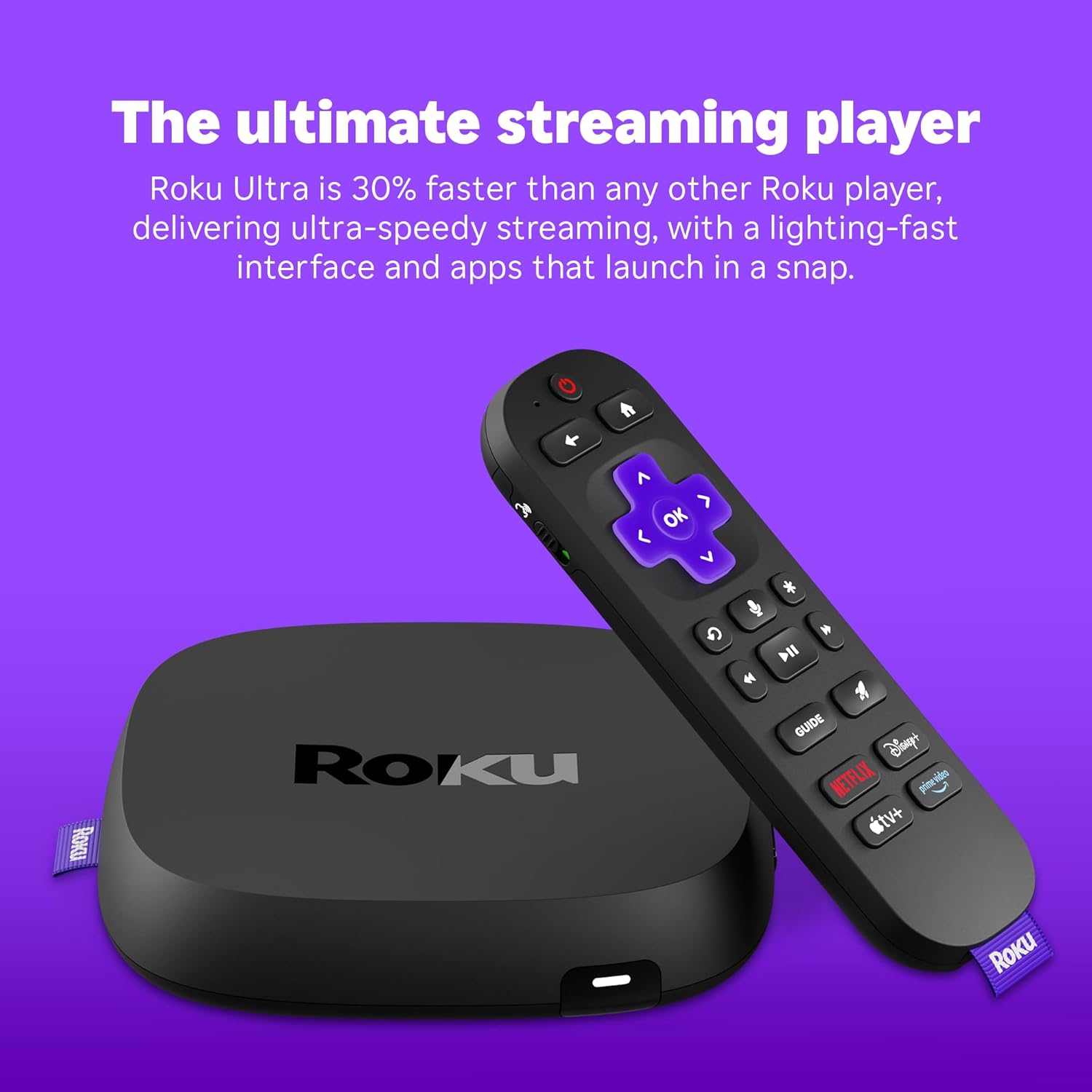 Roku Ultra - Ultimate Streaming Player - 4K Streaming Device for TV with HDR10+, Dolby Vision & Atmos - Bluetooth & Wi-Fi 6- Rechargeable Voice Remote Pro with Backlit Buttons - Free & Live TV