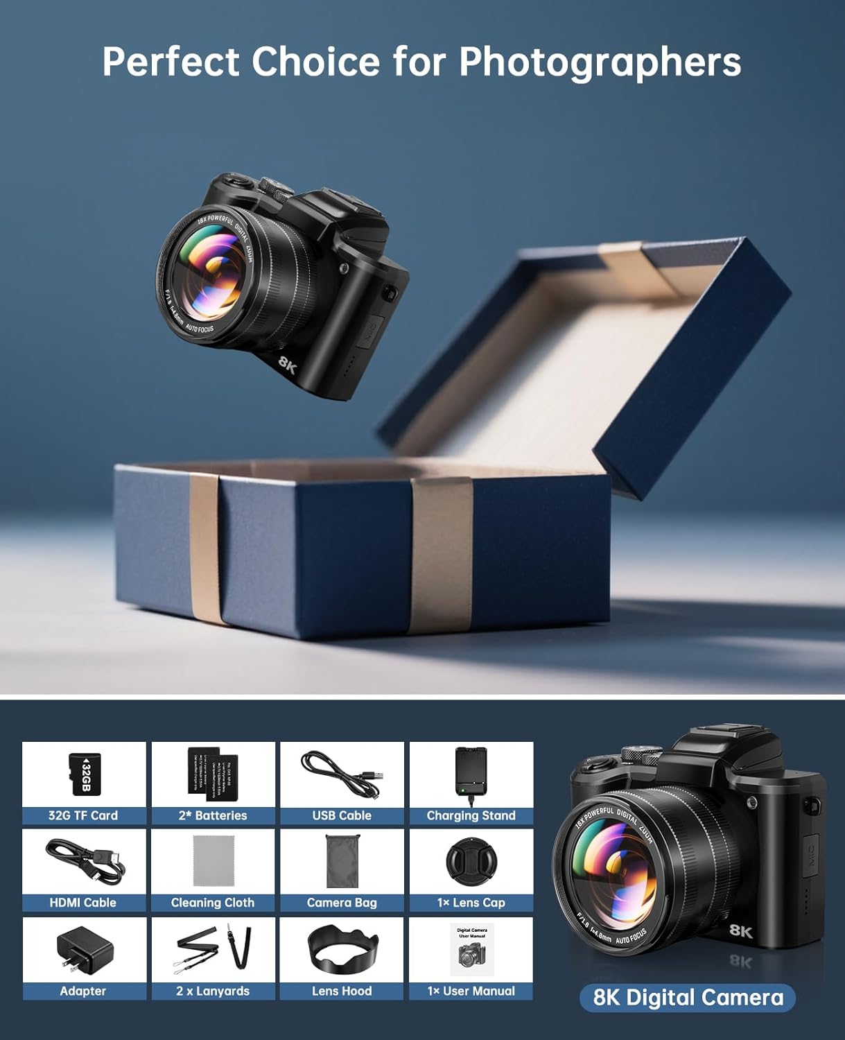 8K Digital Cameras for Photography Autofocus 88MP WiFi Professional 16X Digital Zoom Photography Camera with Dual-Lens for YouTube with Lens Hood, Touch Screen, 2 Batteries & Charging Stand