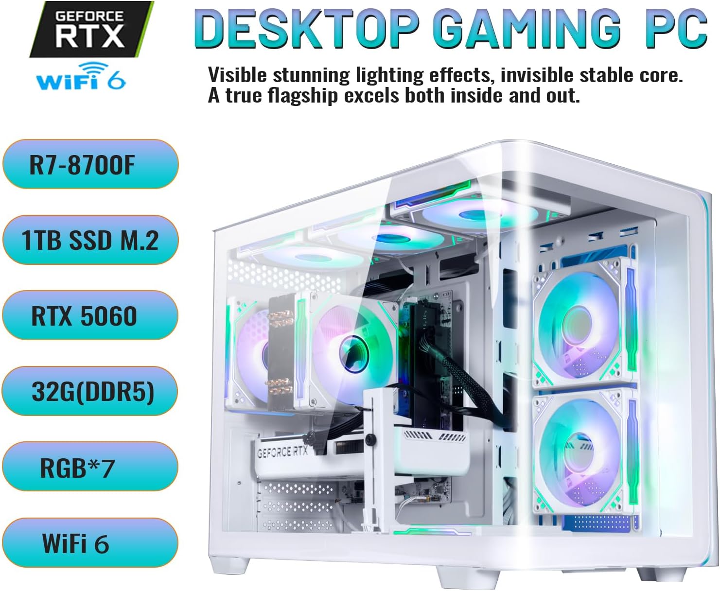 Pre Built Desktop Gaming PC DDR5 32GB, RTX 5060 8GB, Ryzen 7 8700F 8Cores 4.1G Up to 5G, 1TB NVMe SSD, WiFi 6 Tower Computer for Gamer, Home and Office White 4K VR 8K