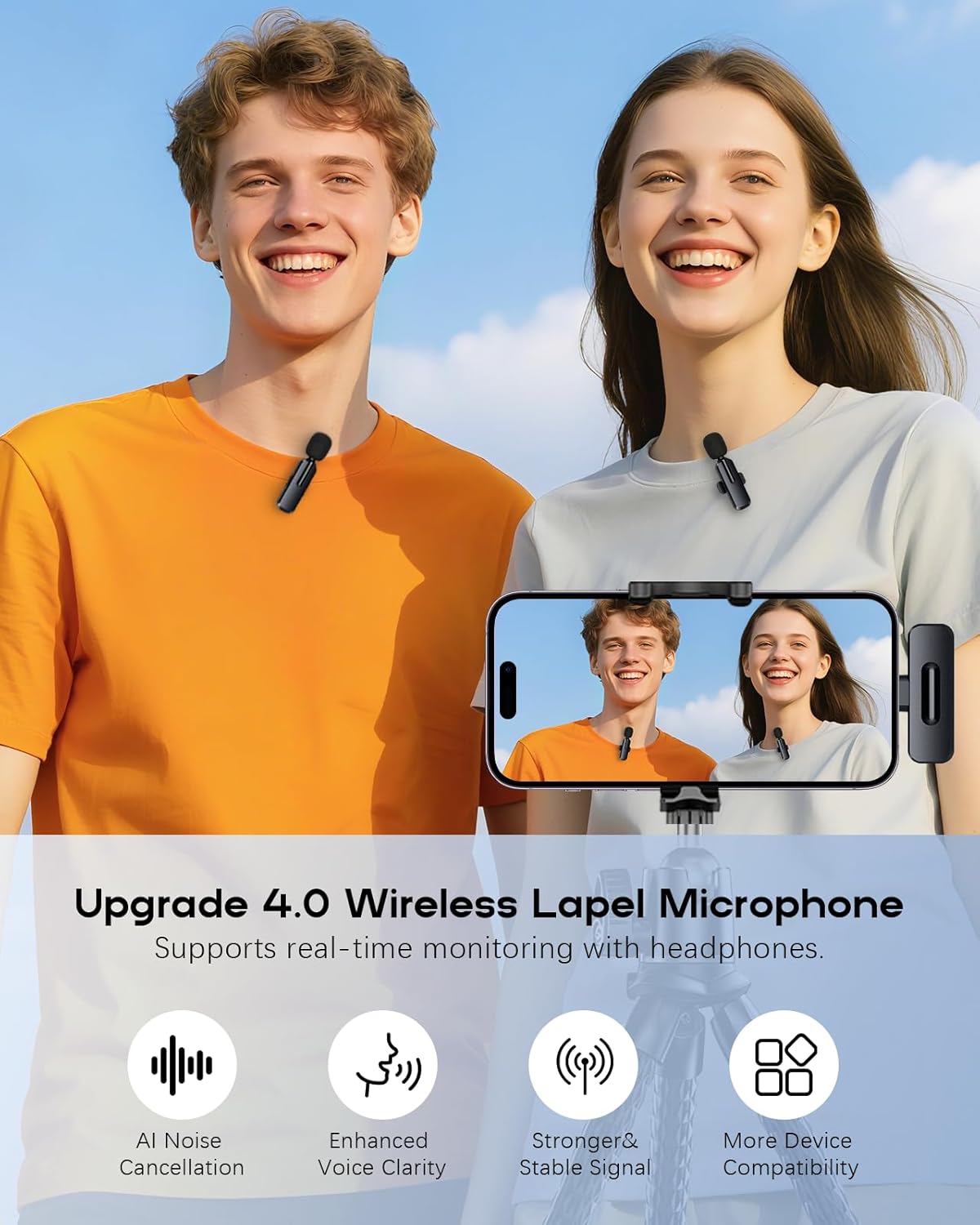 Wireless Mini Microphone for iPhone - 2 Pack Lavalier Microphone for Video Recording, 2 In 1 Noise Reduction Lapel Mic for Ipad, Android,Clip-on Mini Mic with USB-C for Content Creators Podcast