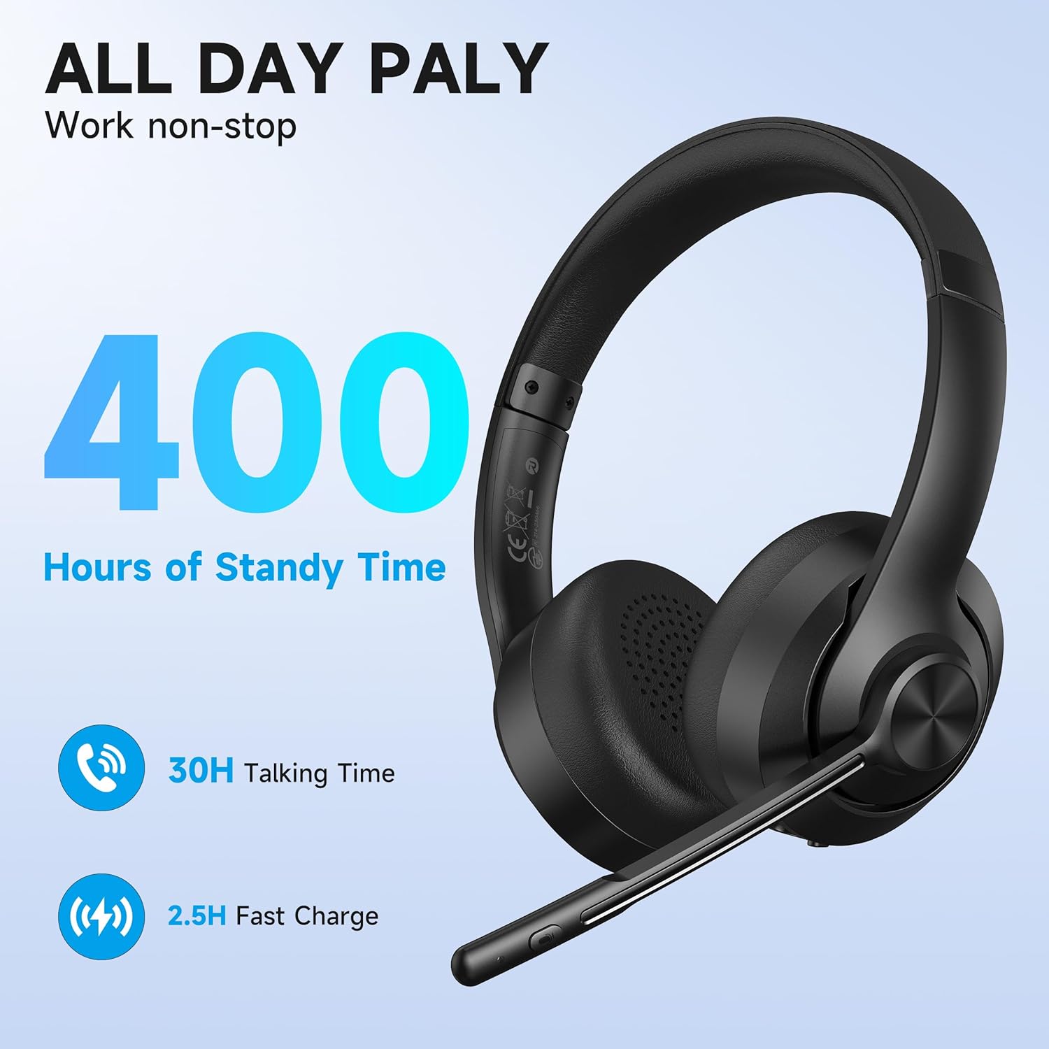 AOC Wireless Headset with Mic for Work, Bluetooth 5.4 Headphones with Noise Canceling Microphone, USB C, 30H, Clear Calls & Mic Mute for PC, Laptop, Cell Phones, Zoom - Black