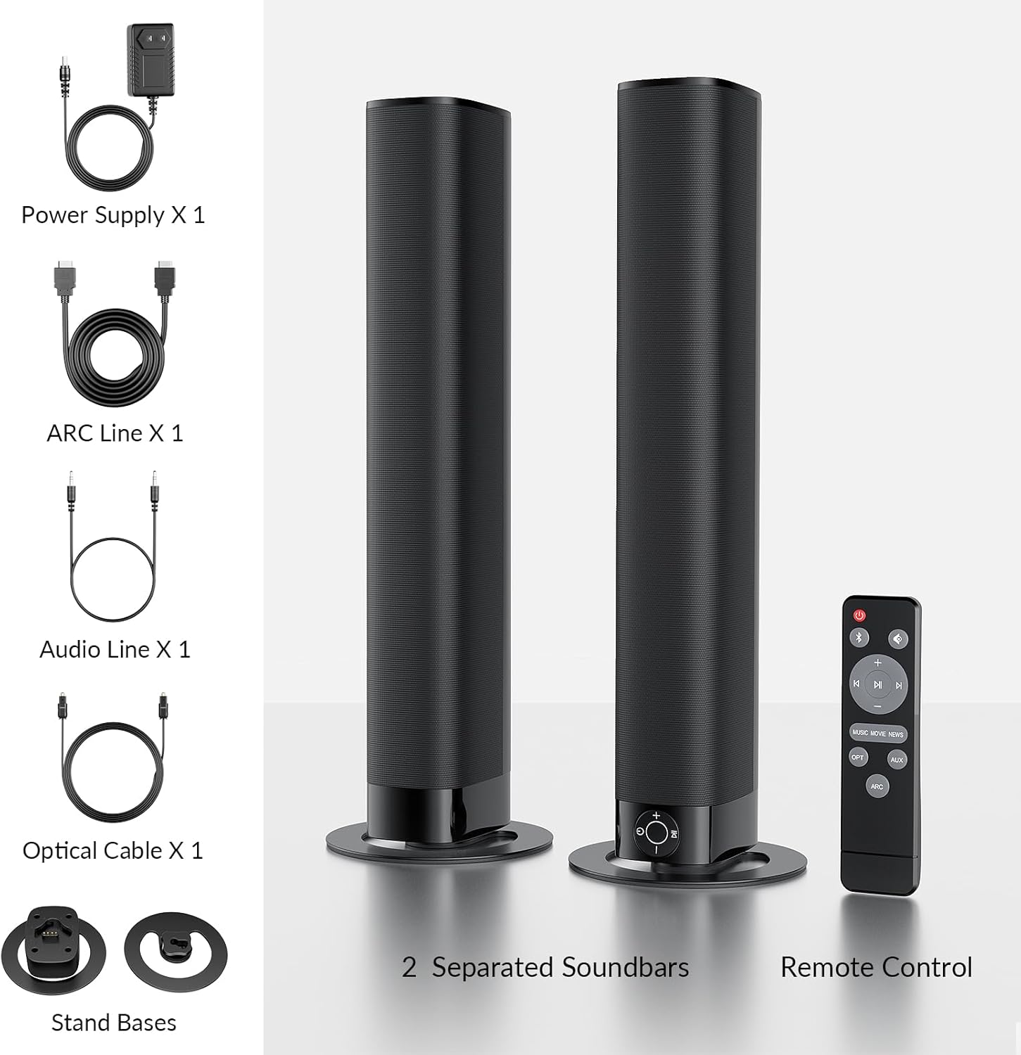 Sound Bar for Smart TV, 80W Soundbar with Bluetooth/ARC/Opt/AUX Connect, Dynamic Volume Boost, 3 Equalizer Modes, 2 in 1 Detachable Soundbar for TV/PC/Gaming/Projectors