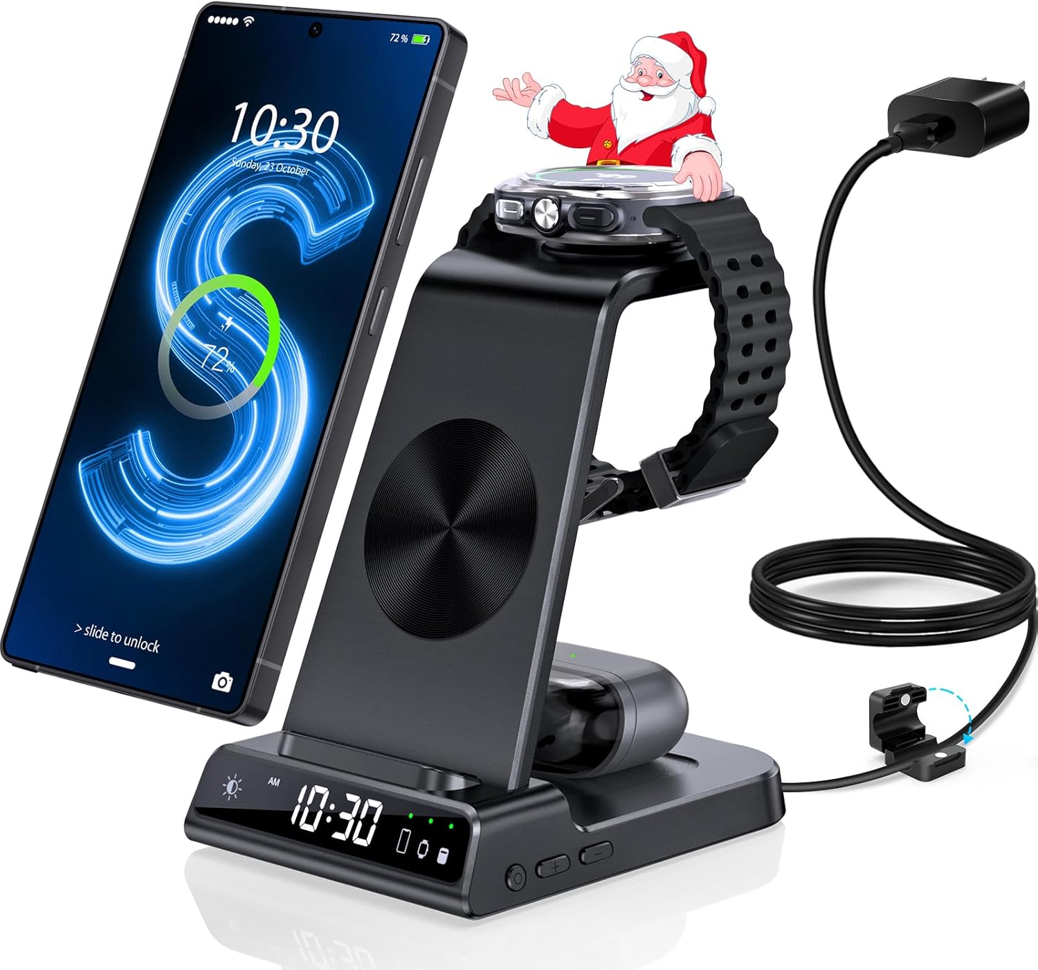 Wireless Charger for Samsung Charging Station with Clock for Samsung Galaxy S25 Ultra/S24 Ultra/Z Flip 7/Z Fold6/Bud, 3 in 1 Android Charging Station, Watch Charger for Samsung Galaxy Watch 8/7/6/5Pro