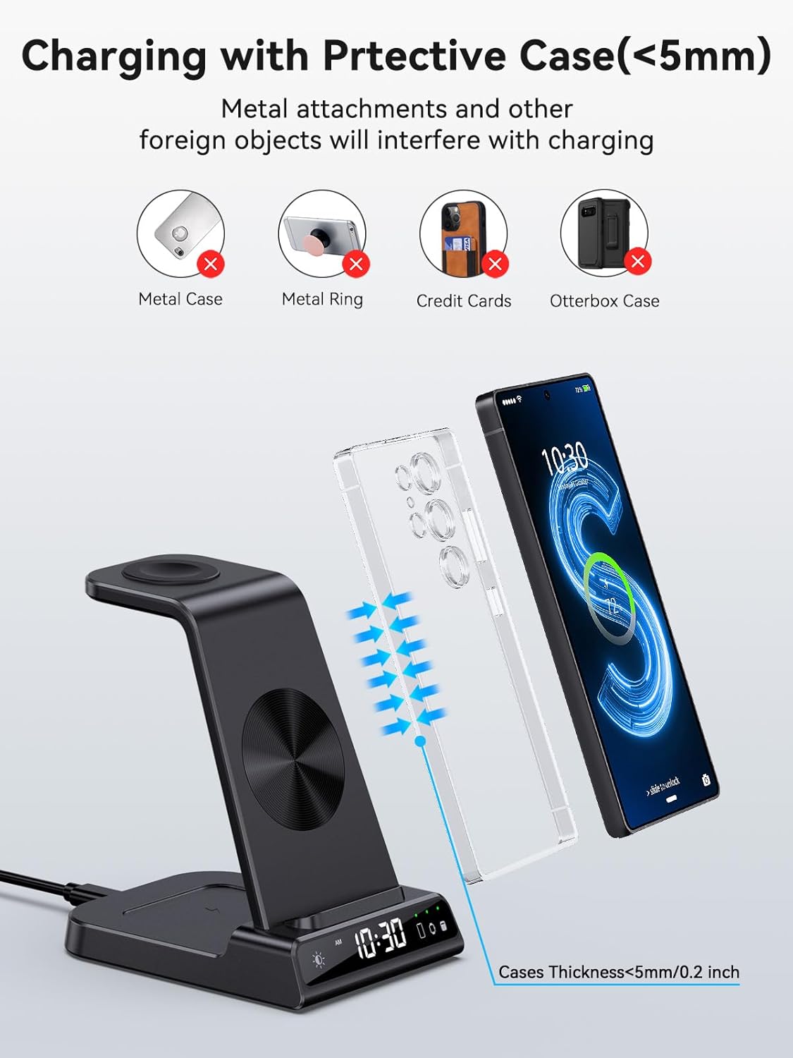 Wireless Charger for Samsung Charging Station with Clock for Samsung Galaxy S25 Ultra/S24 Ultra/Z Flip 7/Z Fold6/Bud, 3 in 1 Android Charging Station, Watch Charger for Samsung Galaxy Watch 8/7/6/5Pro