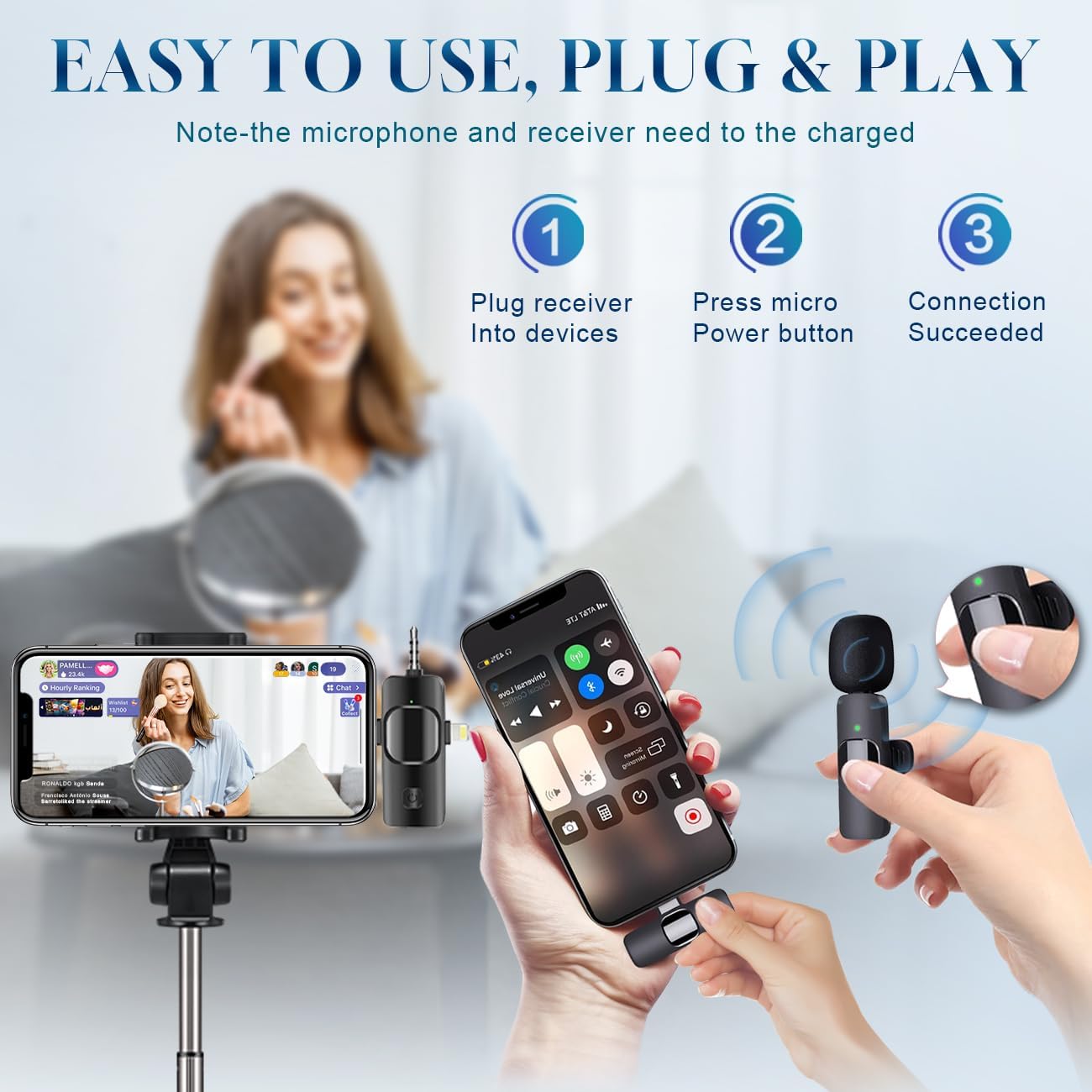3 in 1 Wireless Lavalier Microphone for iPhone, iPad, Android, Camera,12-Hour Battery, mini Noise Reduction Recording Mic 2.4G Ultra-Low Delay, Microphone for Vlog/ TikTok/YouTube Live Stream( 3 Mic)