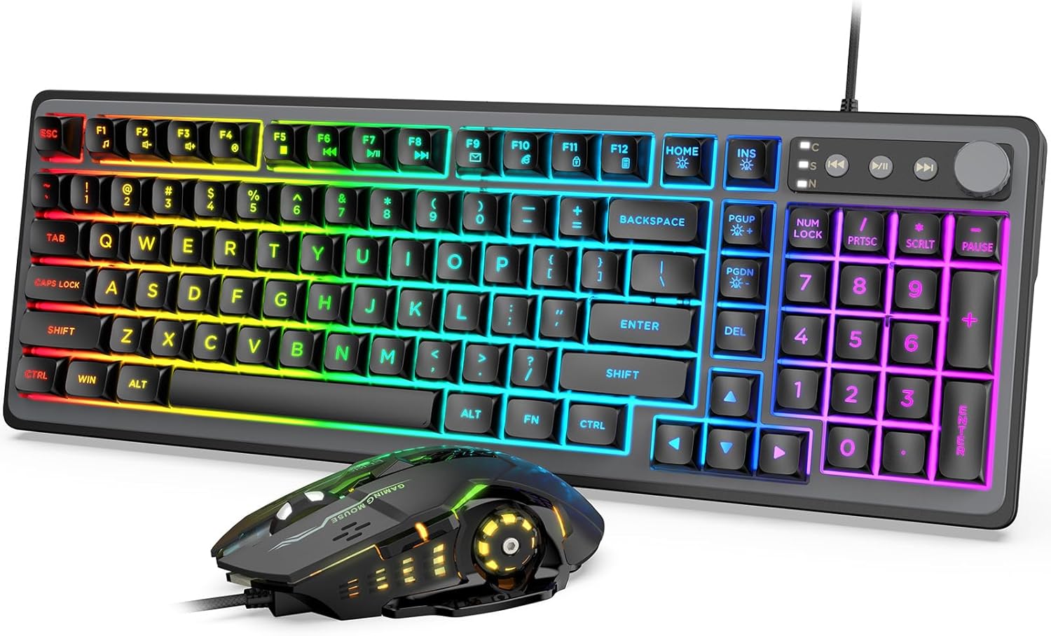 Gaming Keyboard and Mouse Combo - RGB Backlit 14 Lighting Effects, USB Wired Computer Keyboard, 26-Key Anti-Ghosting, Volume Wheel, Quiet Typing, Adjustable DPI Mouse for Gaming & Work, Trueque