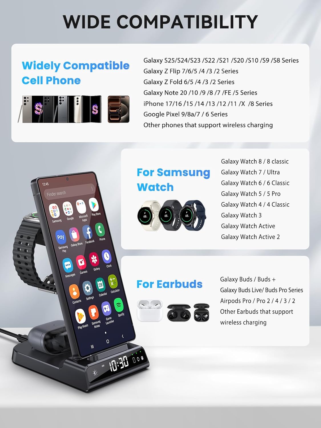 Wireless Charger for Samsung Charging Station with Clock for Samsung Galaxy S25 Ultra/S24 Ultra/Z Flip 7/Z Fold6/Bud, 3 in 1 Android Charging Station, Watch Charger for Samsung Galaxy Watch 8/7/6/5Pro