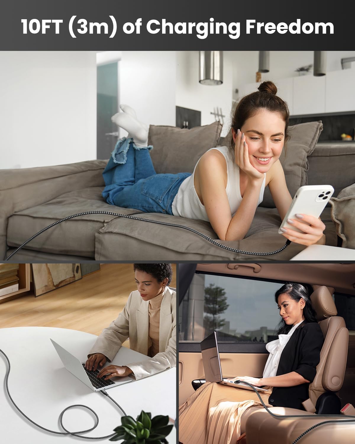 USB C to USB C Cable, 3 Pack 10FT 60W Type C Nylon Braided Charger Cord Fast Charging for iPhone 17 16 15 Series iPad MacBook CarPlay and More (Black)