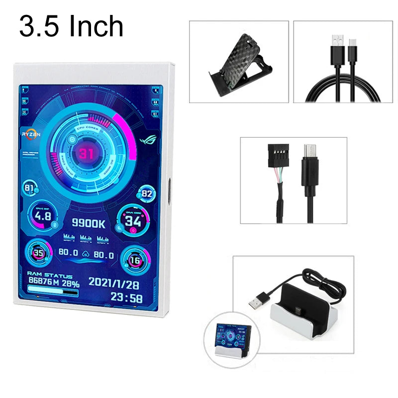 USB 3.5 Inch IPS 5PIN Type-C Secondary Screen Mini Computer  CPU GPU RAM HDD Monitor Display Freely AIDA64 Holder Cable
